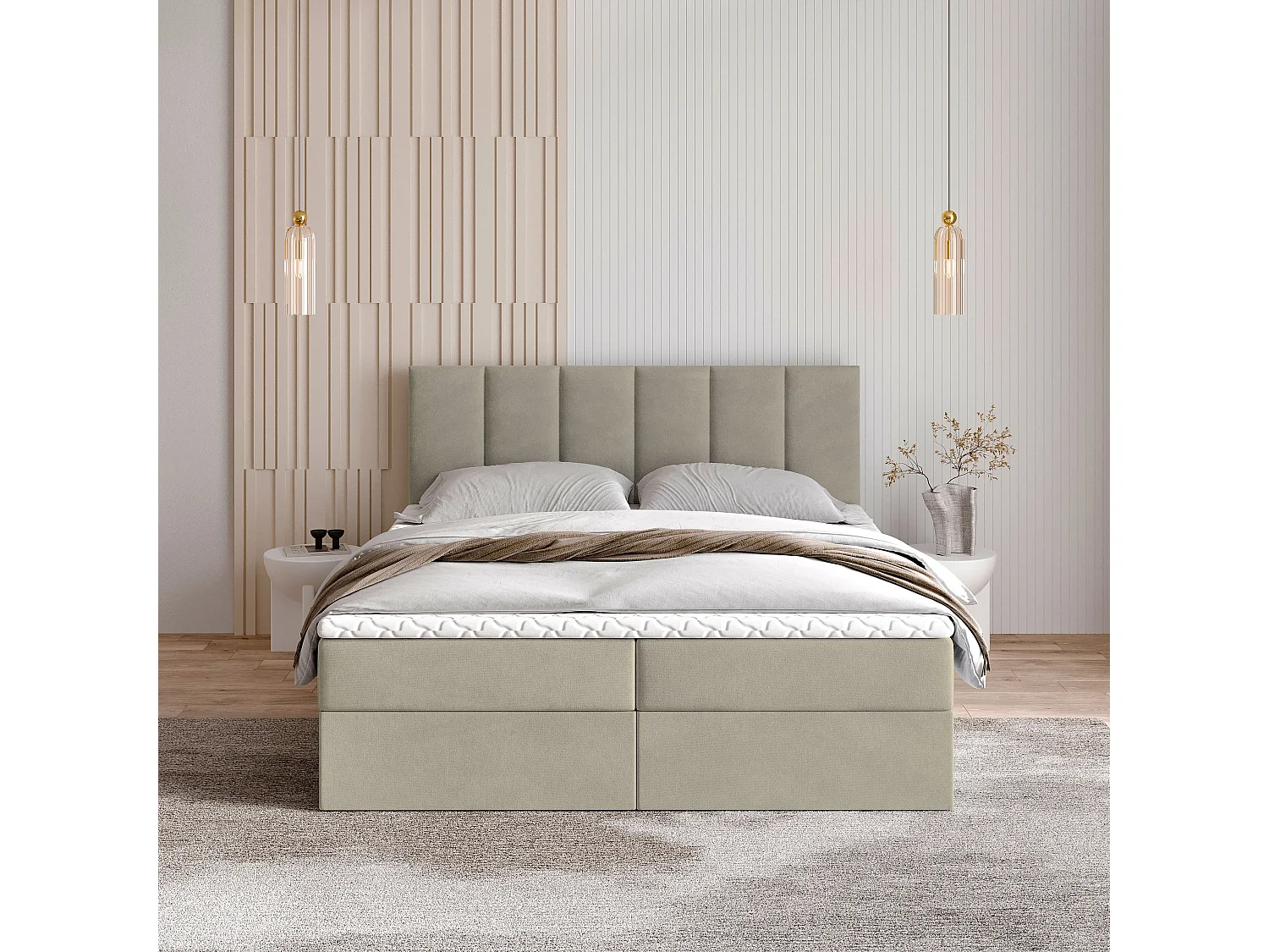 Lit continental MERIL, 180x200 cm, Tissu pelucheux, Beige