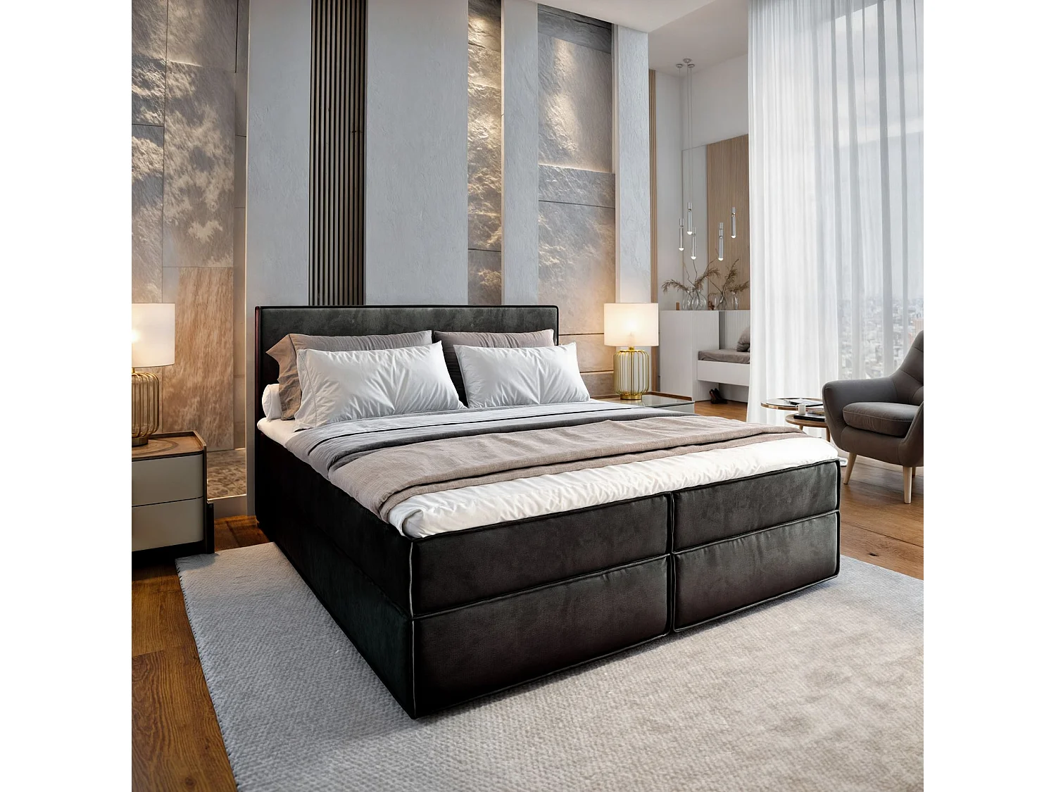 Boxspringbed PELLIO 160x200 cm Set met hoofdbord, bedbodem en matras, Zwart