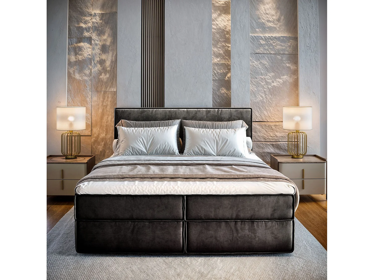 Boxspringbed PELLIO 160x200 cm Set met hoofdbord, bedbodem en matras, Zwart