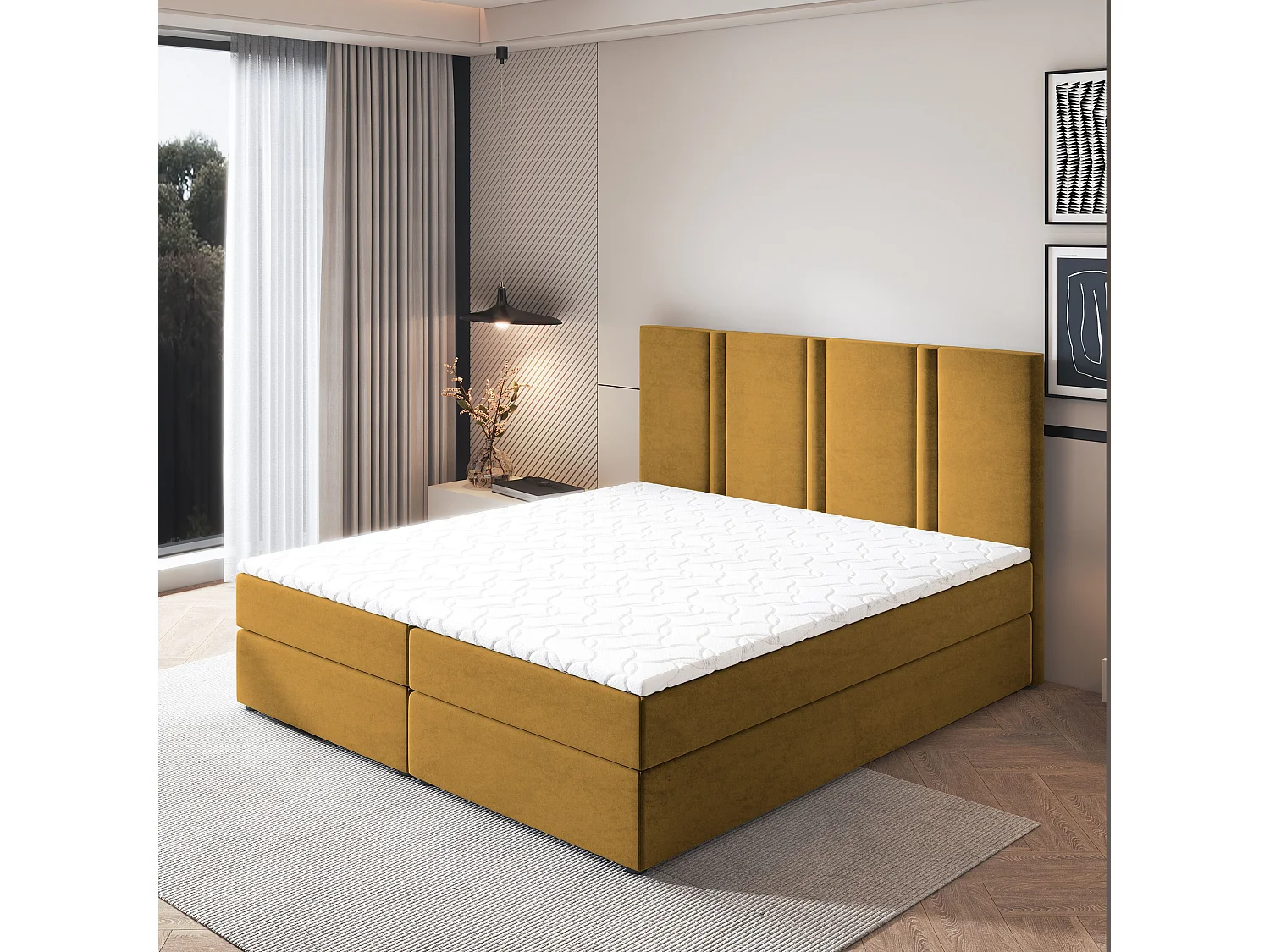 Lit continental LARIO, 160x200 cm, Tissu pelucheux, Jaune