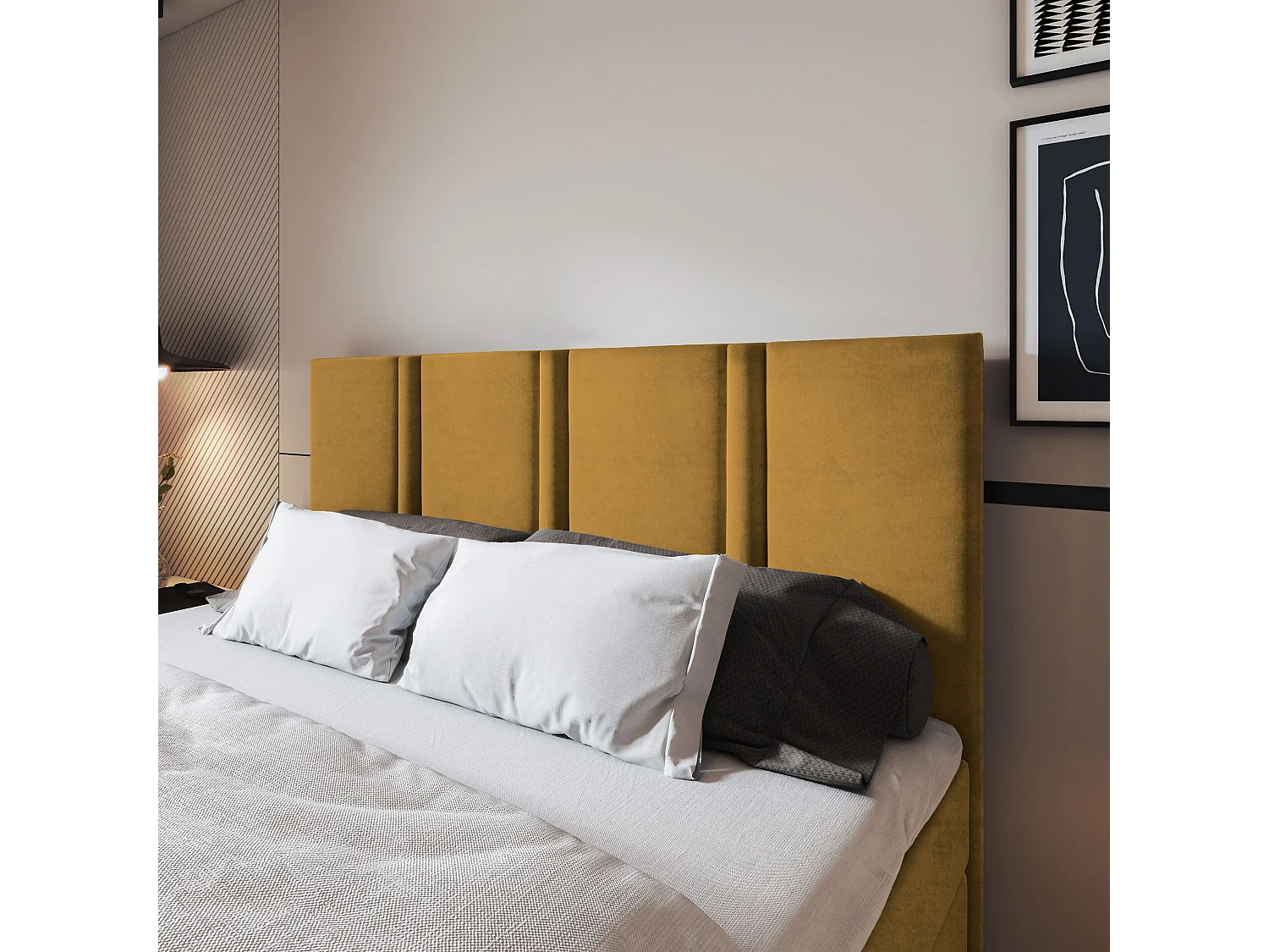Lit continental LARIO, 160x200 cm, Tissu pelucheux, Jaune