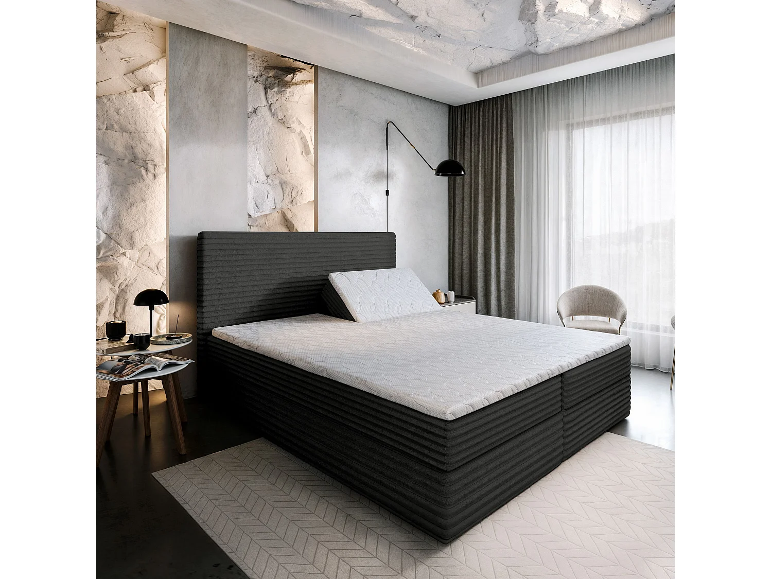 Boxspringbed MILARA 180x200 cm Set met hoofdbord, bedbodem en matras, Zwart
