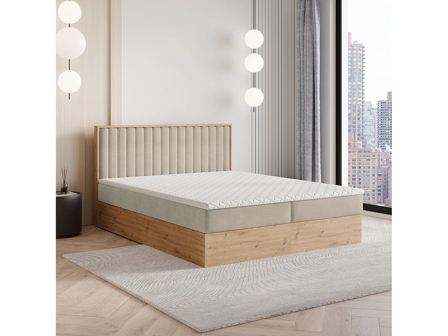 Lit continental VARELI, 160x200 cm, Tissu tressé, Beige