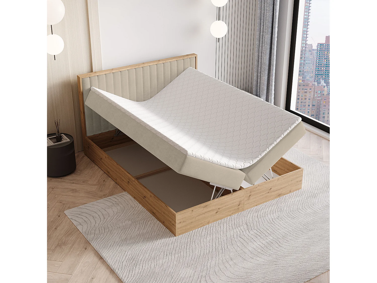 Lit continental VARELI, 160x200 cm, Tissu tressé, Beige