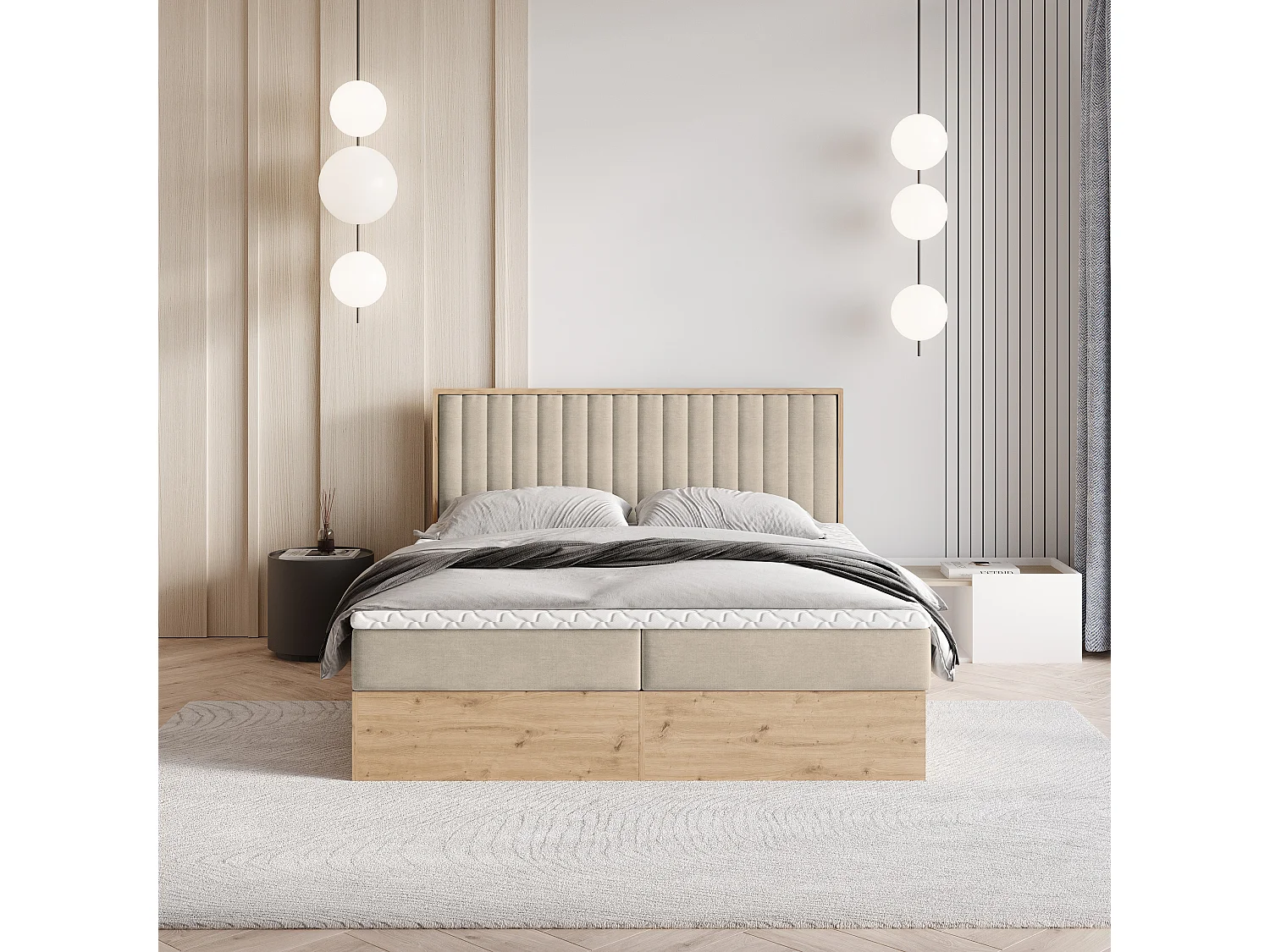 Lit continental VARELI, 160x200 cm, Tissu tressé, Beige