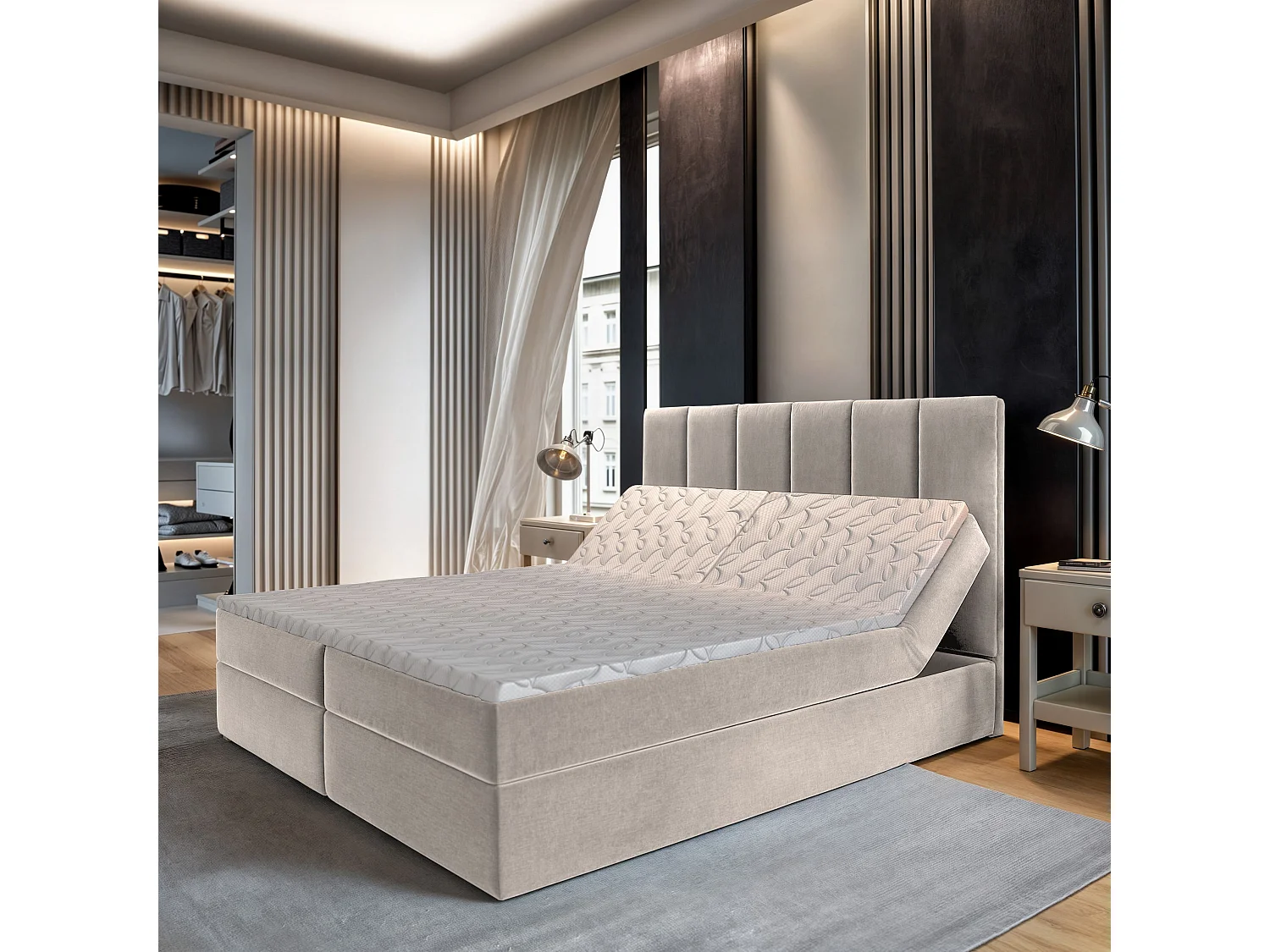 Lit continental BARINO, 140x200 cm, Tissu pelucheux, Beige