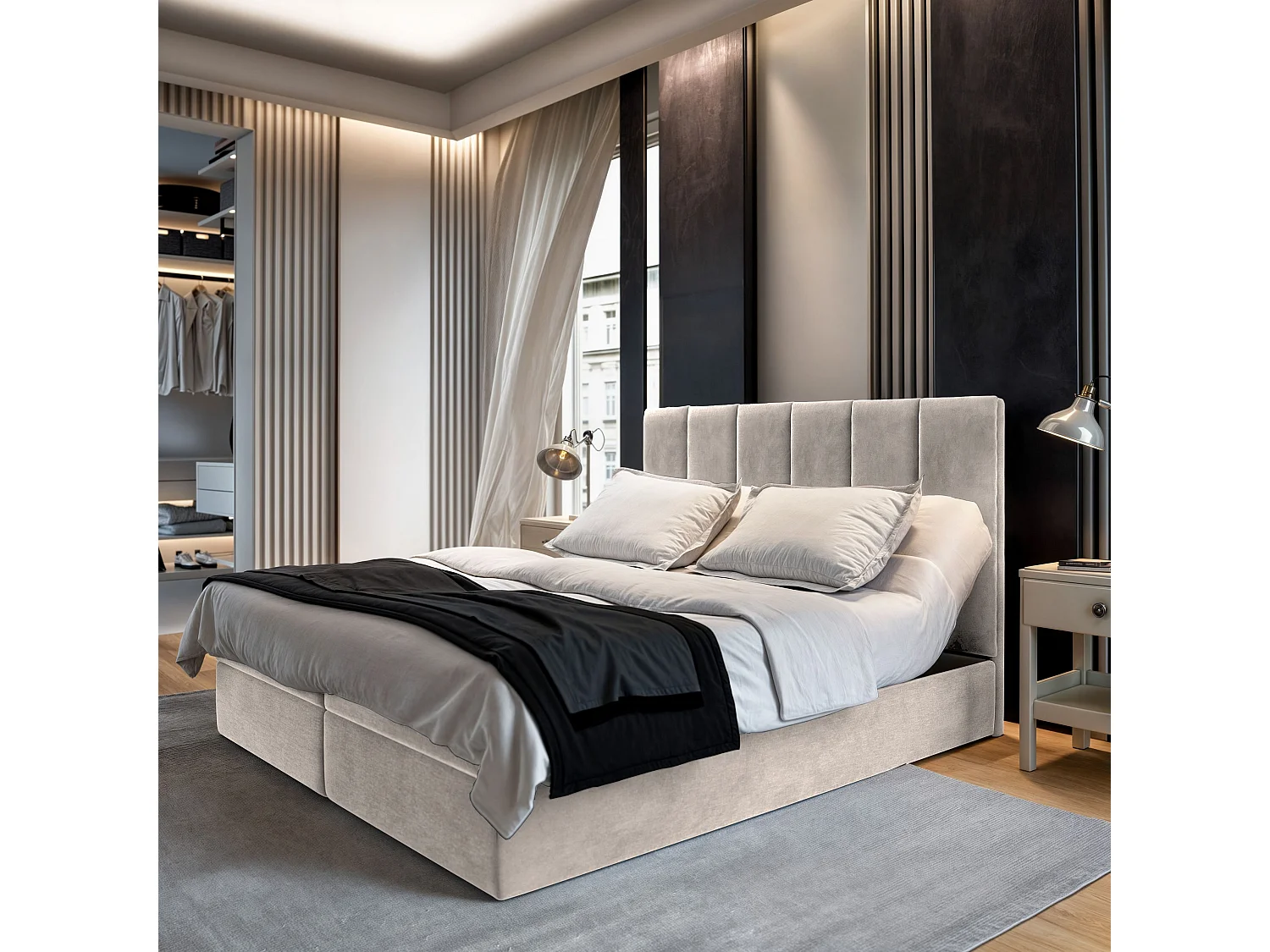 Lit continental BARINO, 140x200 cm, Tissu pelucheux, Beige