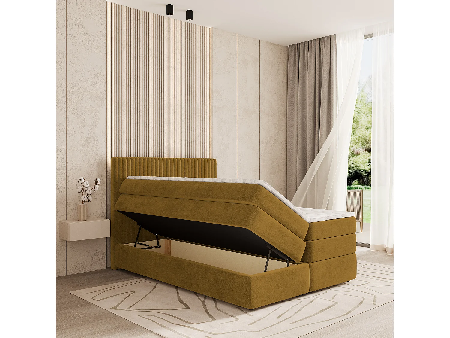 Boxspringbed FELBIO 160x200 cm Set met hoofdbord, bedbodem en matras, Geel