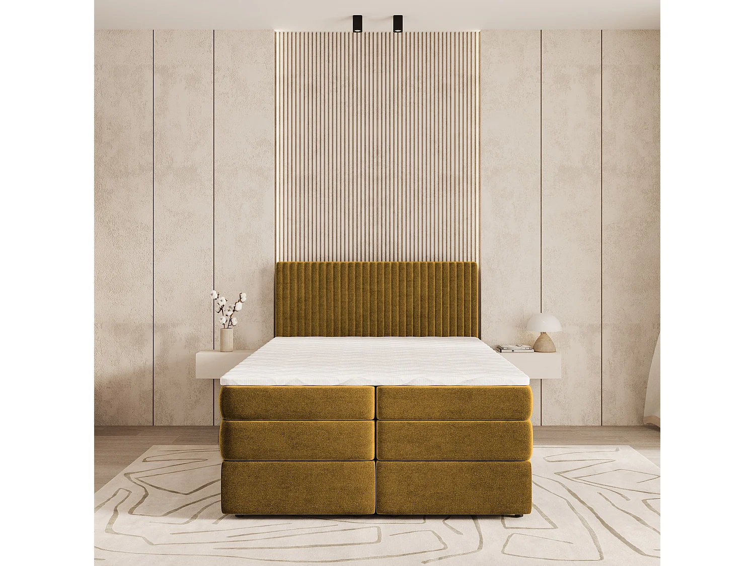 Boxspringbed FELBIO 160x200 cm Set met hoofdbord, bedbodem en matras, Geel