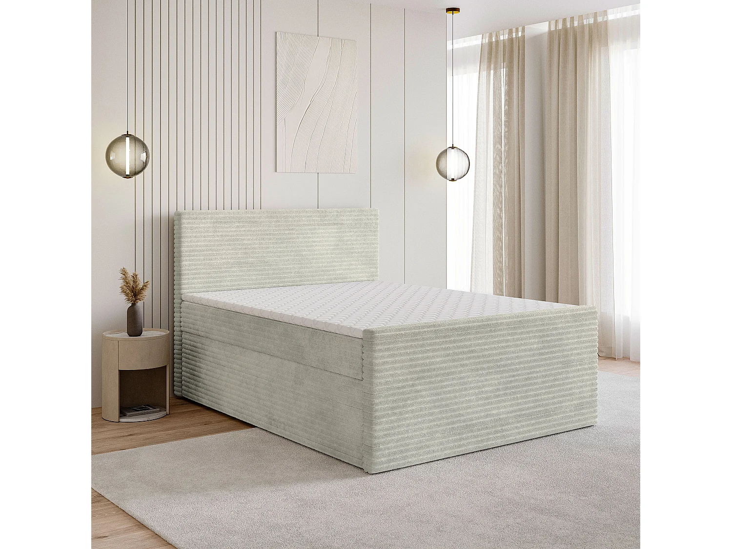 Lit continental NOLEN, 180x200 cm, Tissu en velours côtelé, Gris clair