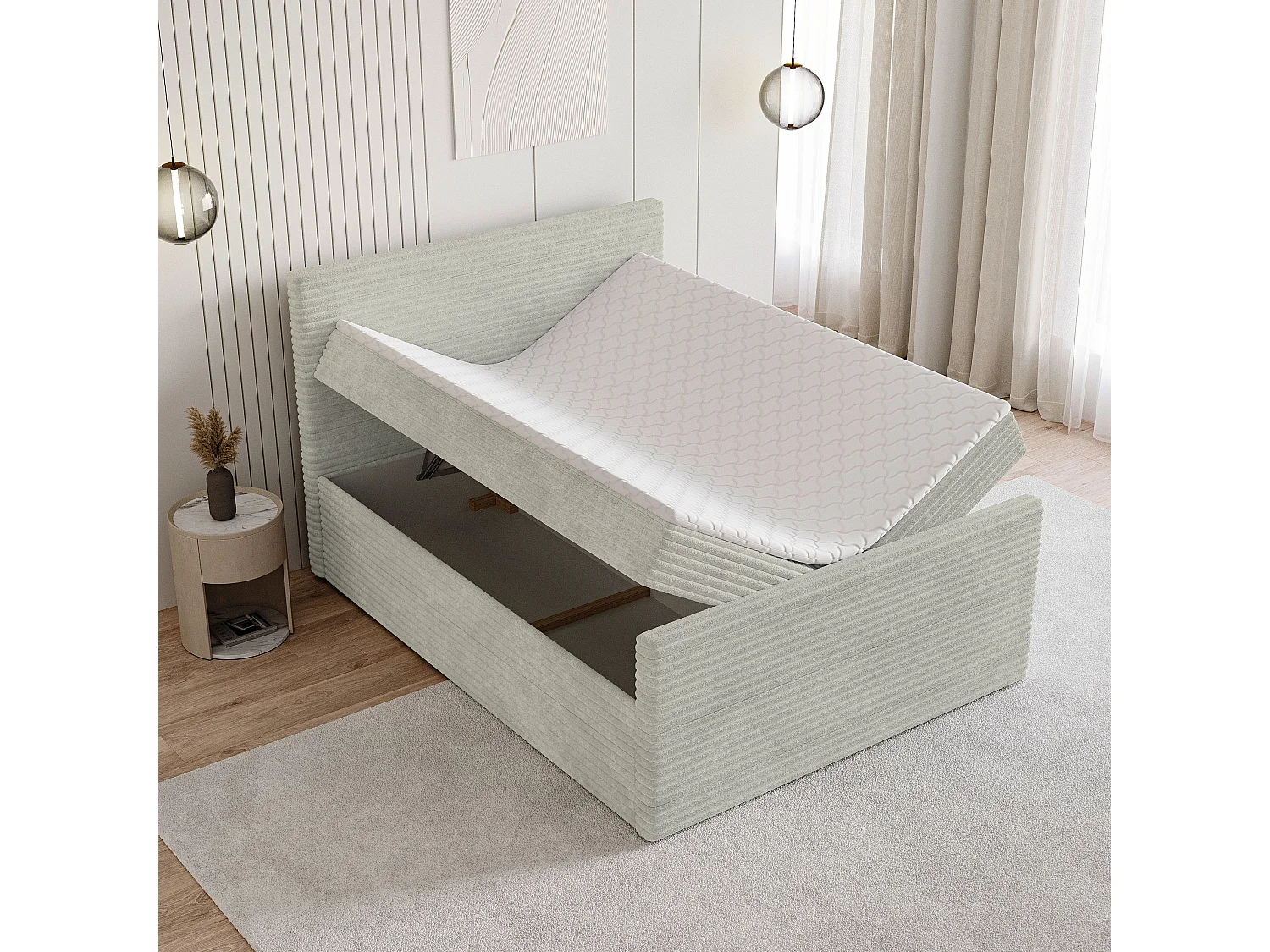 Lit continental NOLEN, 180x200 cm, Tissu en velours côtelé, Gris clair