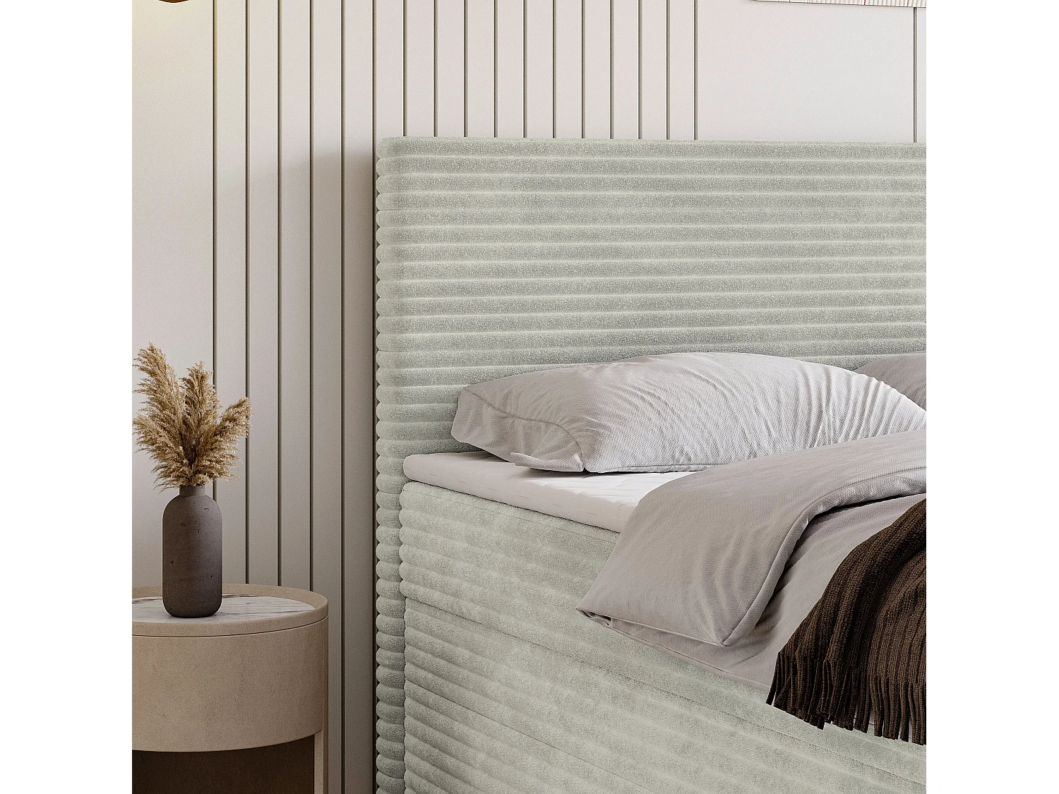 Lit continental NOLEN, 180x200 cm, Tissu en velours côtelé, Gris clair