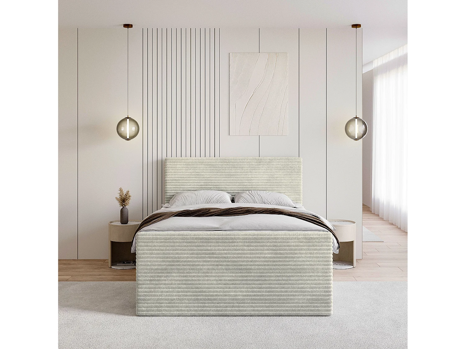 Lit continental NOLEN, 180x200 cm, Tissu en velours côtelé, Gris clair