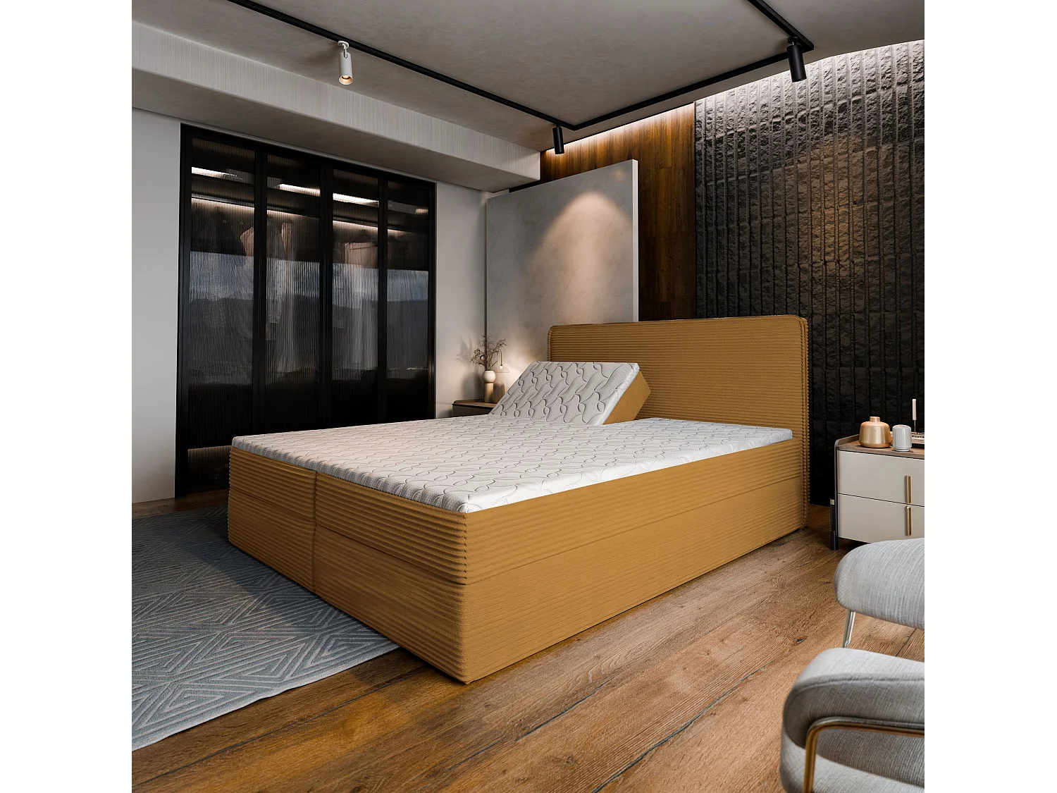 Lit continental ASTOR, 180x200 cm, Tissu en velours côtelé, Jaune