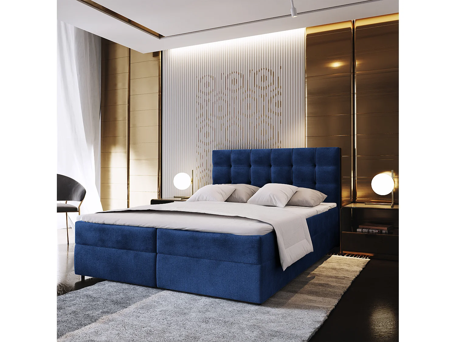 Lit continental GLOS, 160x200 cm, Tissu pelucheux, Bleu