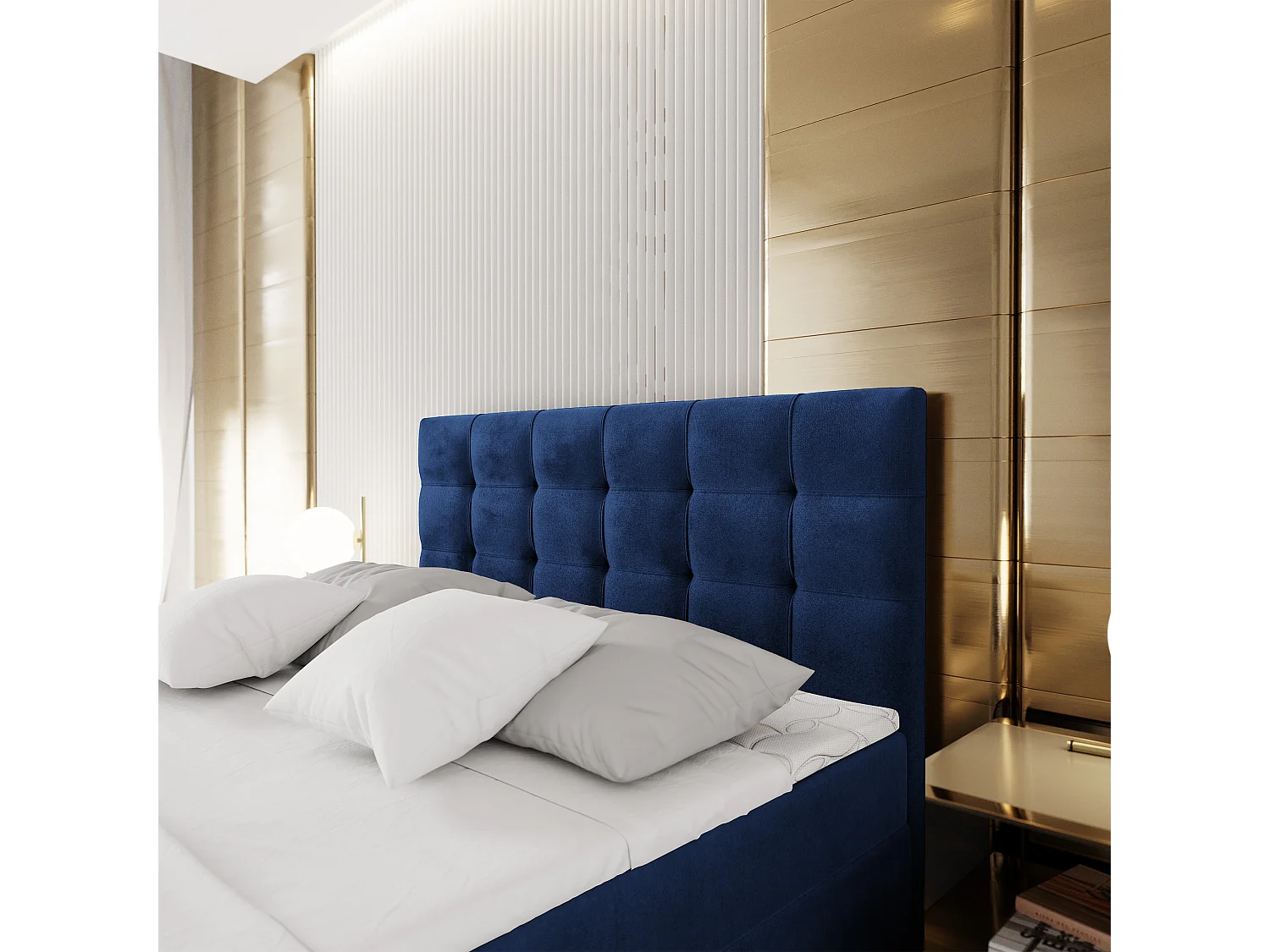 Lit continental GLOS, 160x200 cm, Tissu pelucheux, Bleu