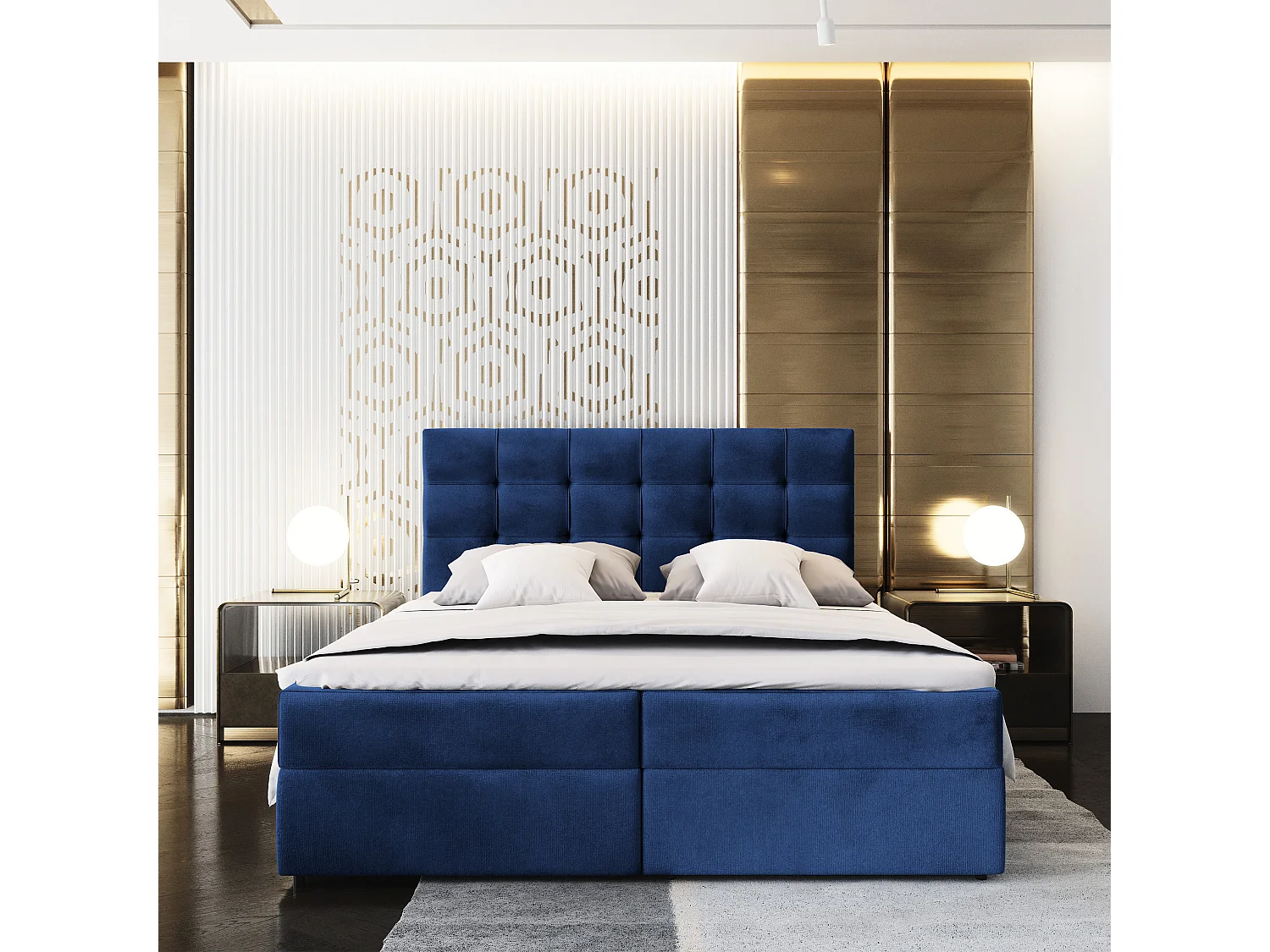 Lit continental GLOS, 160x200 cm, Tissu pelucheux, Bleu