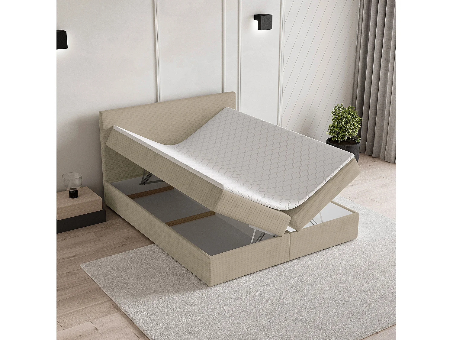 Lit continental NIRA, 140x200 cm, Tissu pelucheux, Beige
