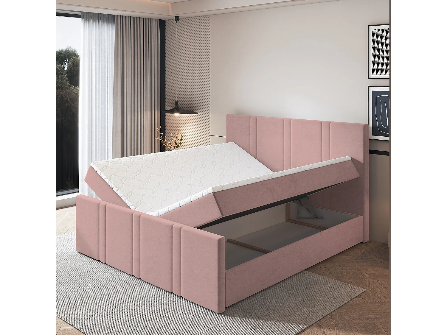 Lit continental COMOZA, 160x200 cm, Tissu pelucheux, Rose