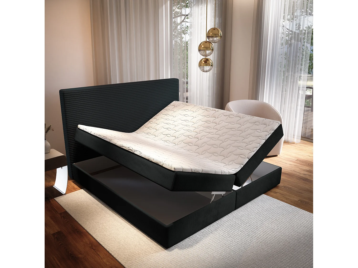 Lit continental GIARRO, 180x200 cm, Tissu pelucheux, Noir