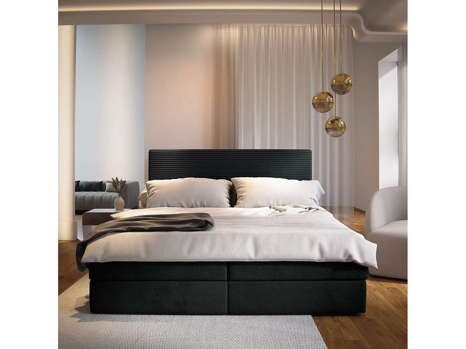 Lit continental GIARRO, 180x200 cm, Tissu pelucheux, Noir