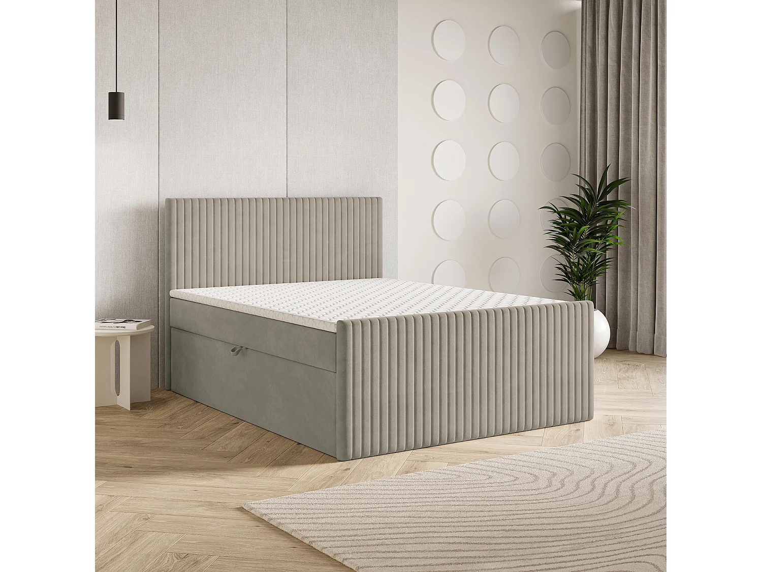Lit continental TERVAN, 180x200 cm, Tissu pelucheux, Beige