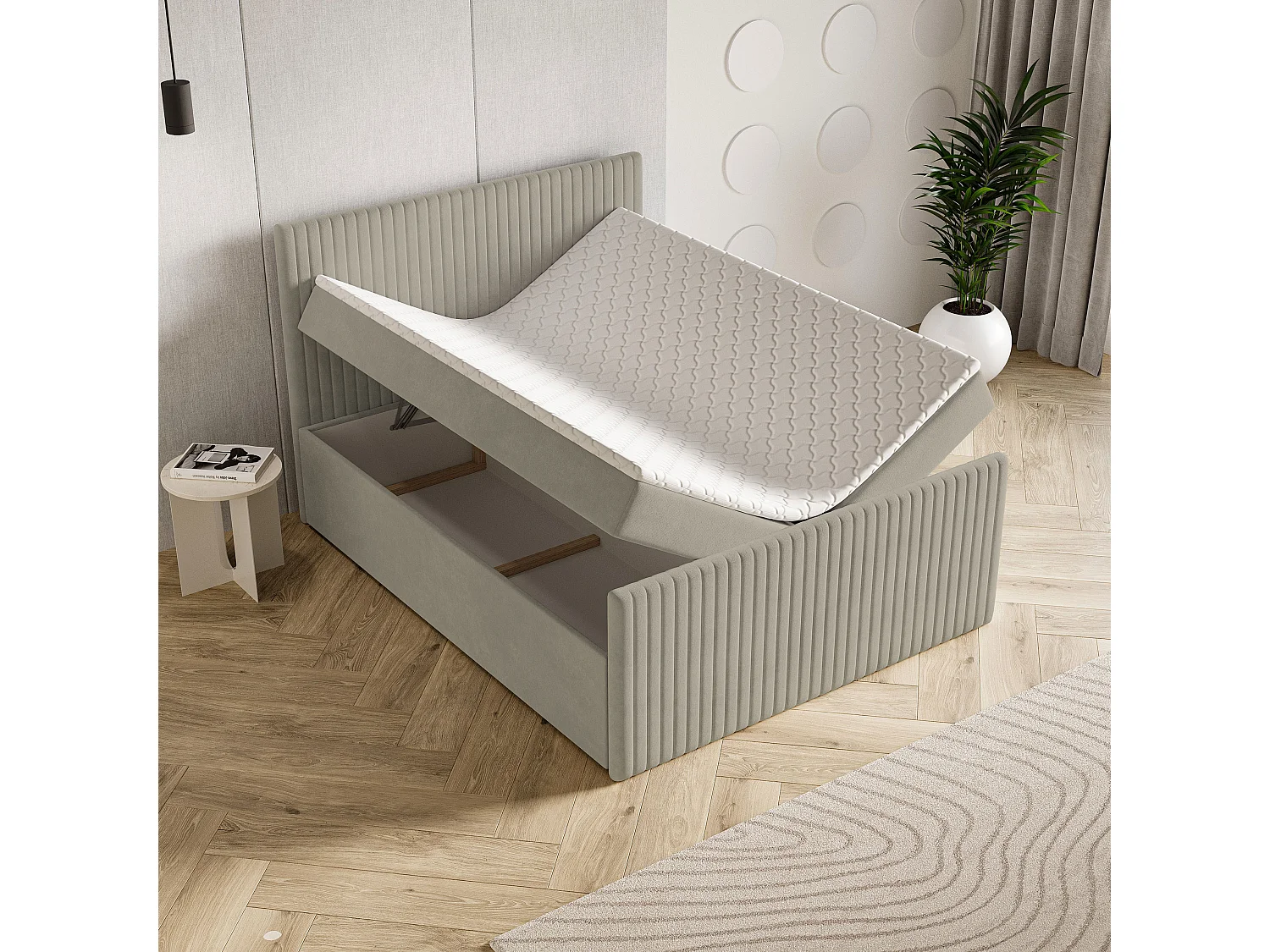 Lit continental TERVAN, 180x200 cm, Tissu pelucheux, Beige