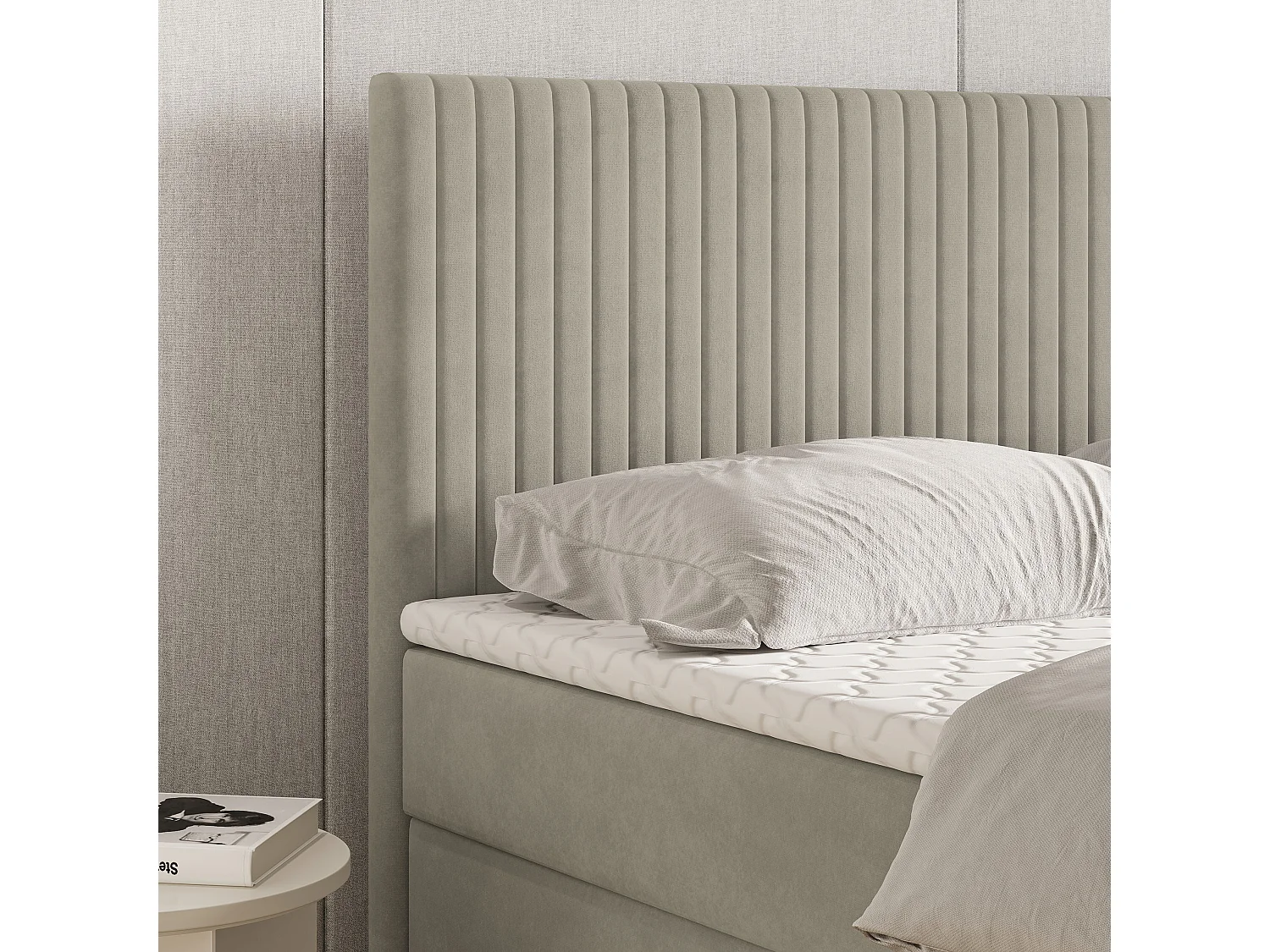 Lit continental TERVAN, 180x200 cm, Tissu pelucheux, Beige