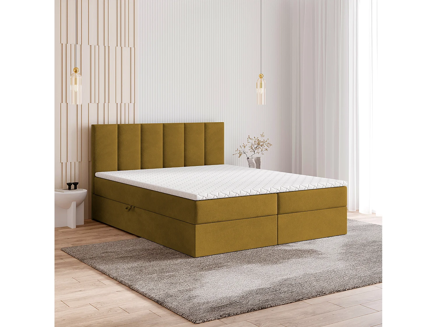Lit continental MERIL, 180x200 cm, Tissu pelucheux, Jaune