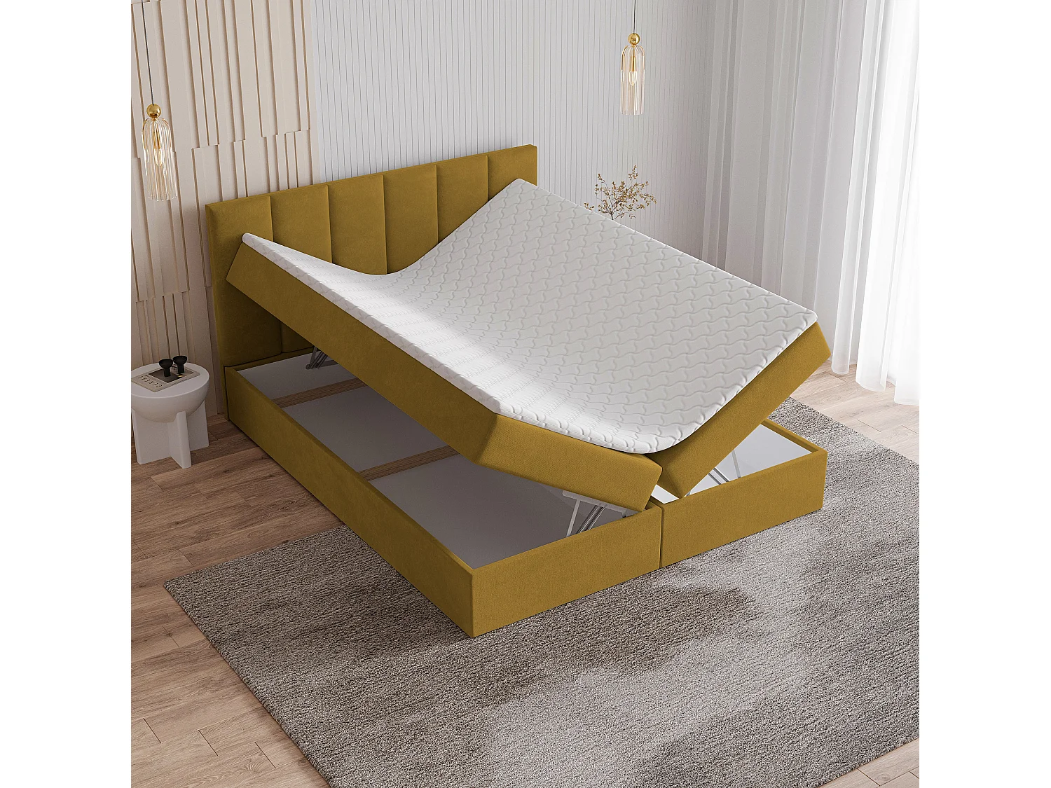 Lit continental MERIL, 180x200 cm, Tissu pelucheux, Jaune
