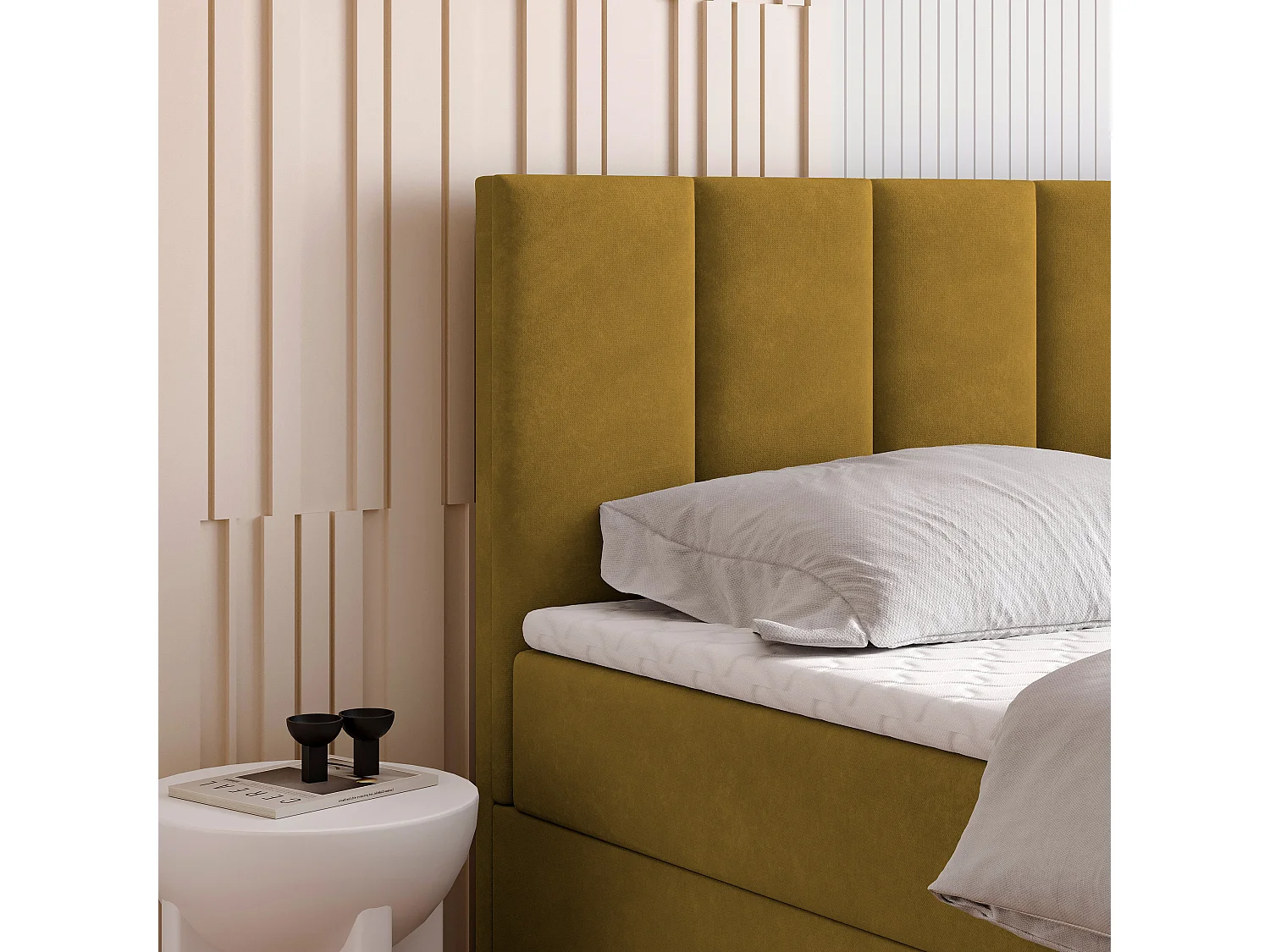 Lit continental MERIL, 180x200 cm, Tissu pelucheux, Jaune