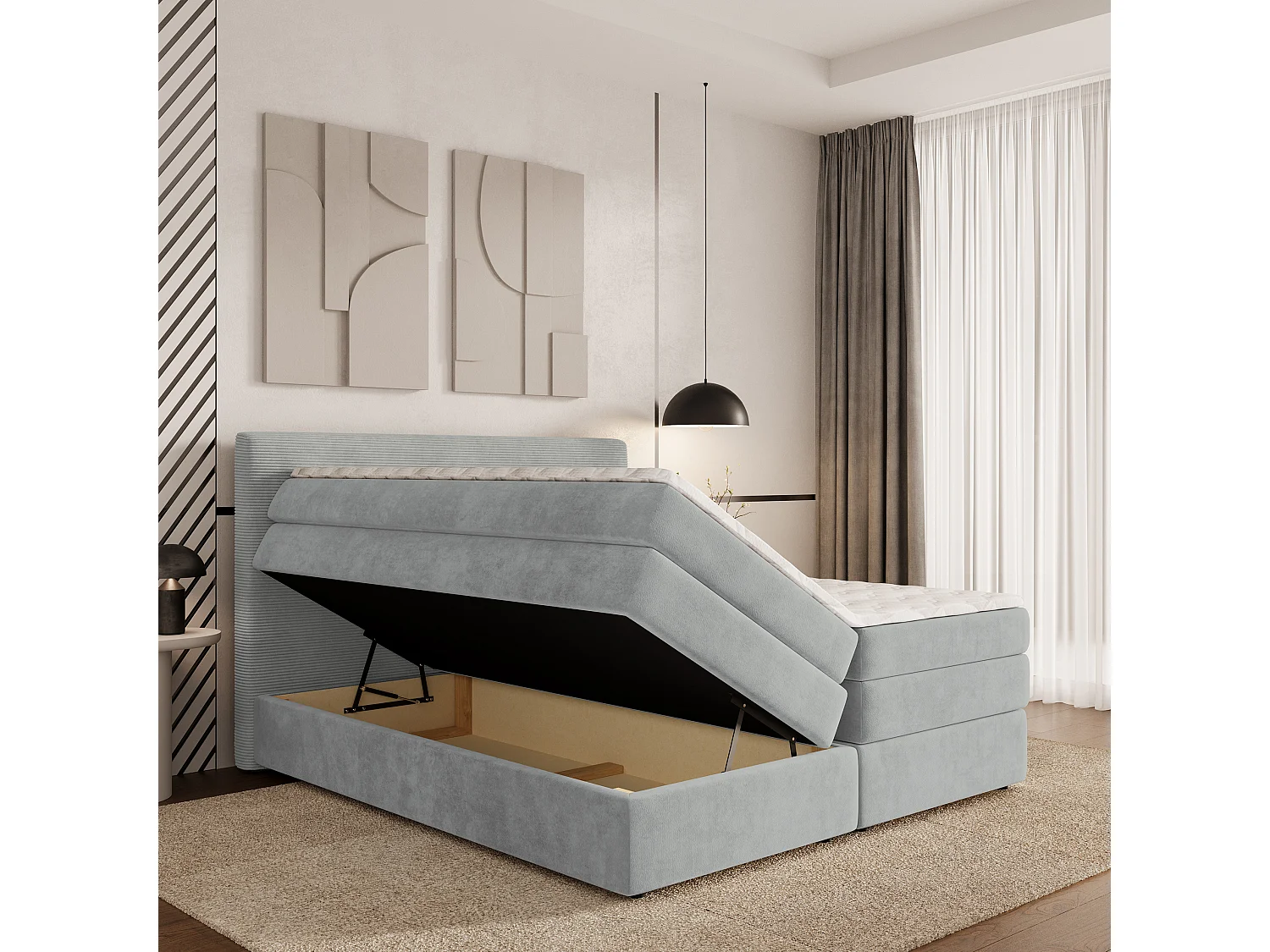 Lit continental MATERN, 160x200 cm, Tissu pelucheux, Gris clair