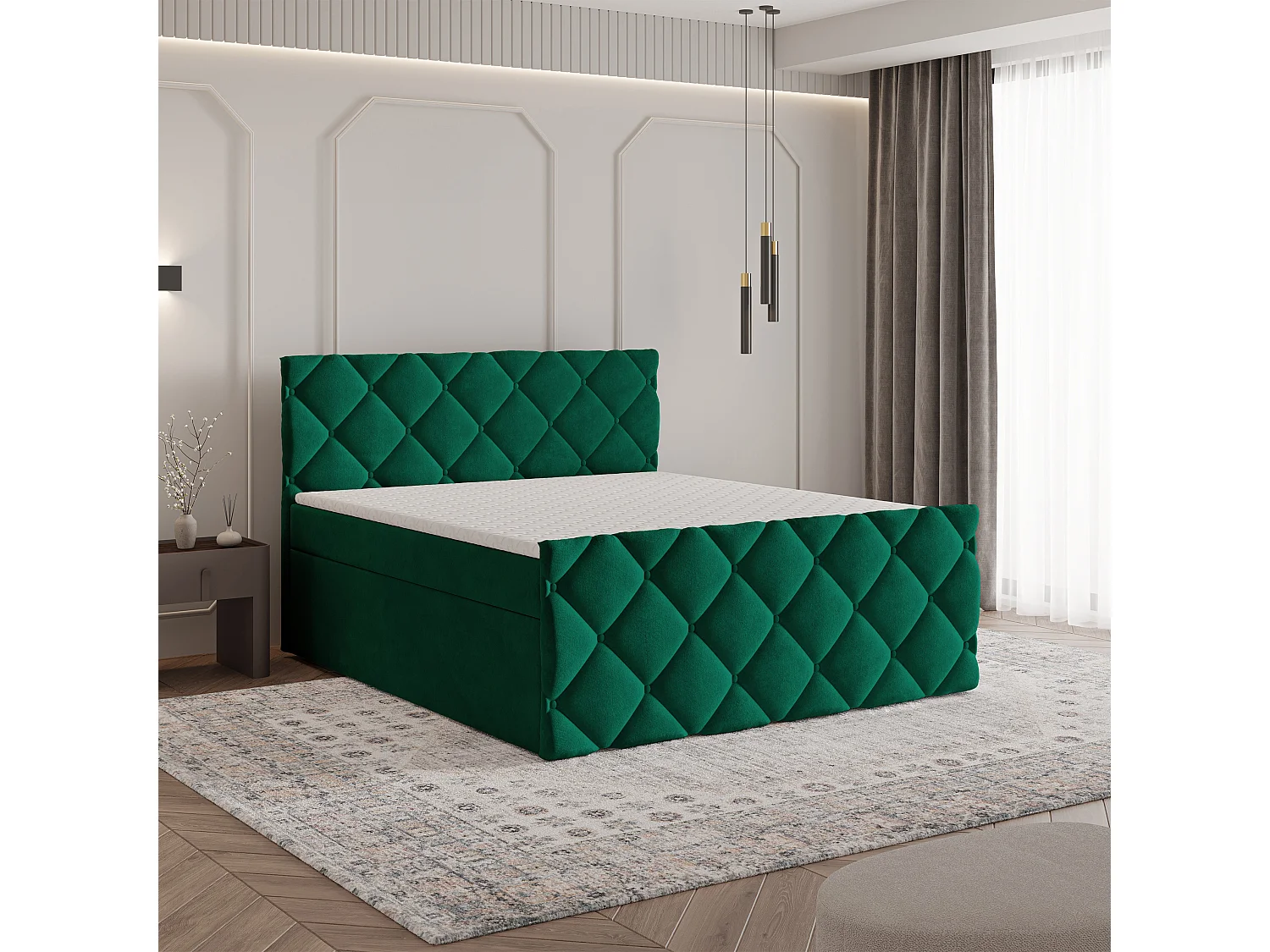 Lit continental ROVARI, 180x200 cm, Tissu pelucheux, Vert