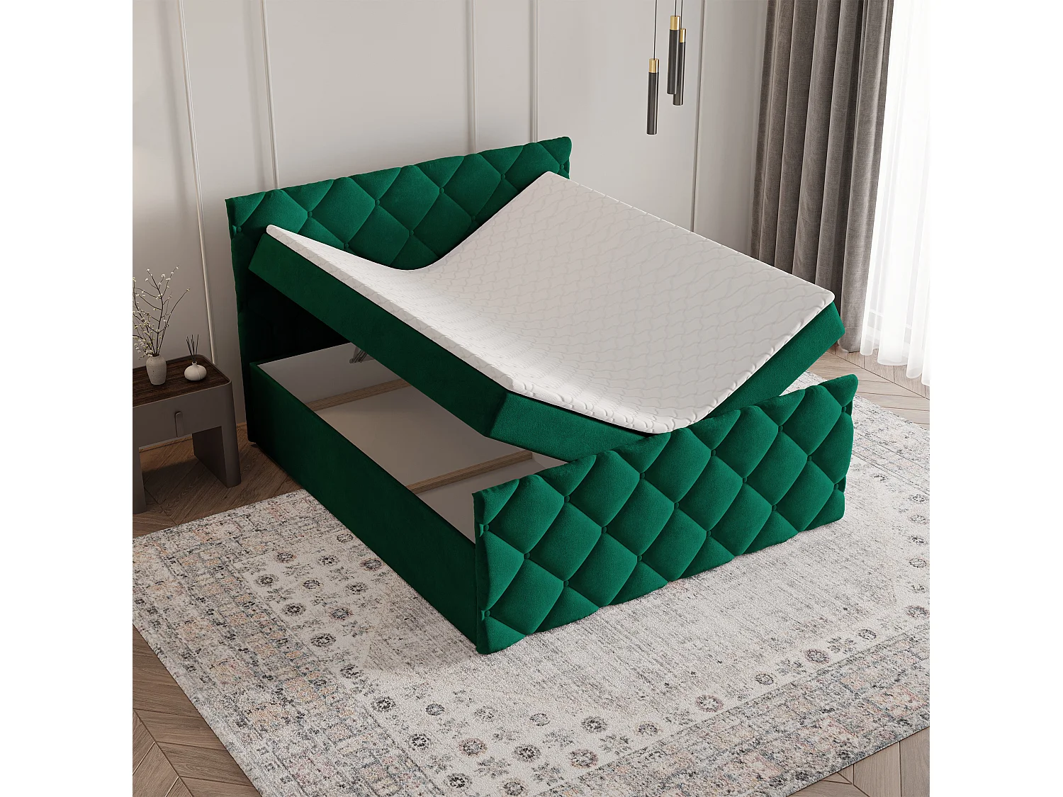 Lit continental ROVARI, 180x200 cm, Tissu pelucheux, Vert
