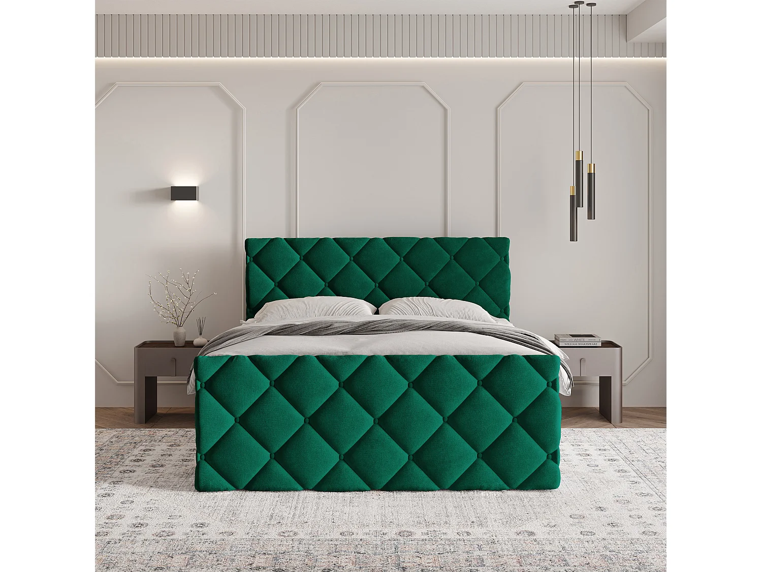 Lit continental ROVARI, 180x200 cm, Tissu pelucheux, Vert