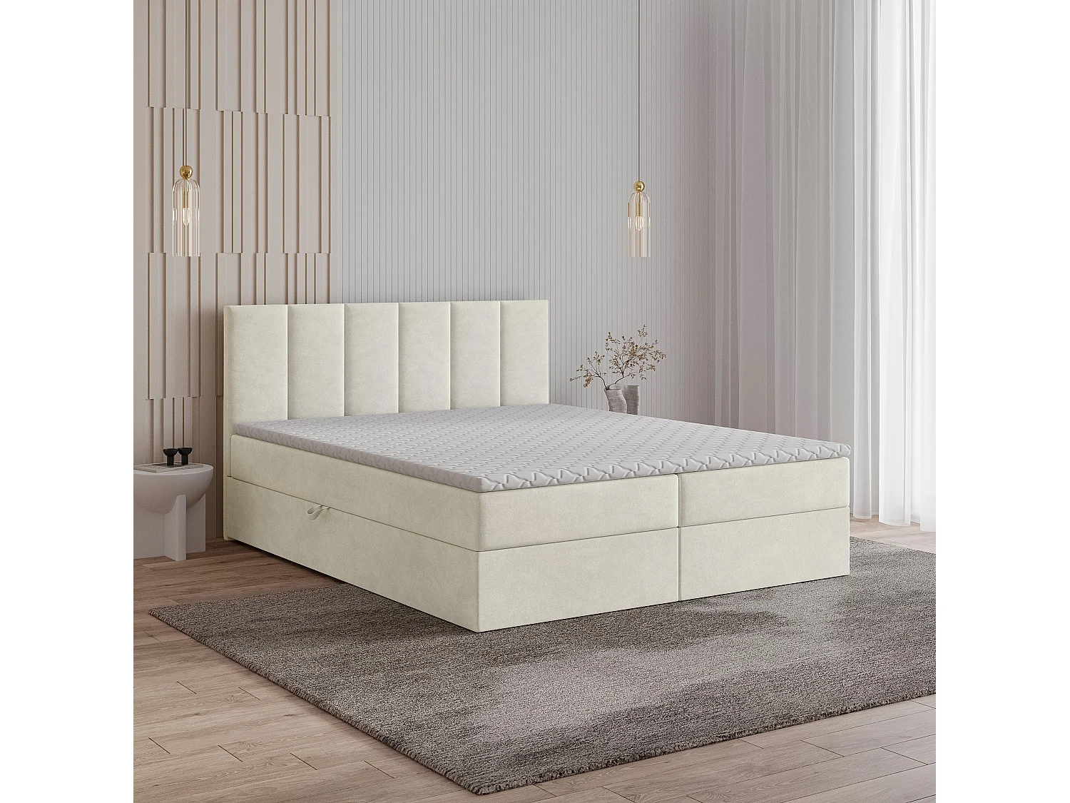 Lit continental MERIL, 180x200 cm, Tissu tressé, Couleur crème