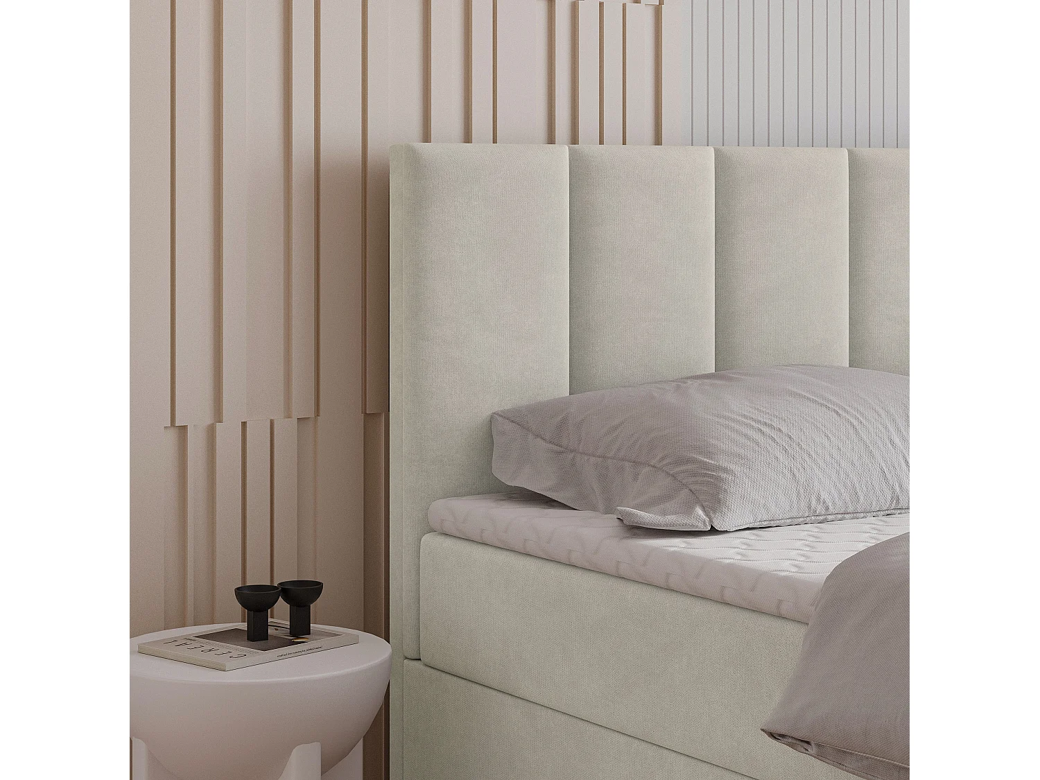 Lit continental MERIL, 180x200 cm, Tissu tressé, Couleur crème