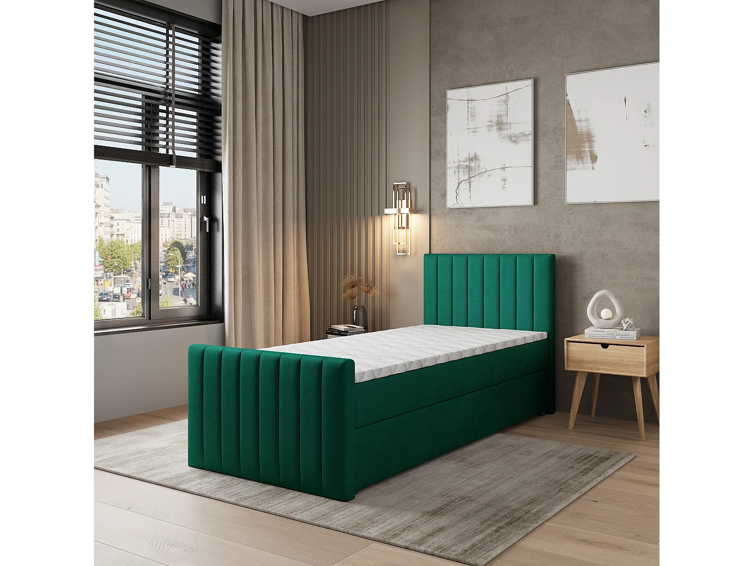 Boxspringbed ARION 100x200 cm Set met hoofdbord, bedbodem en matras, Dennengroen