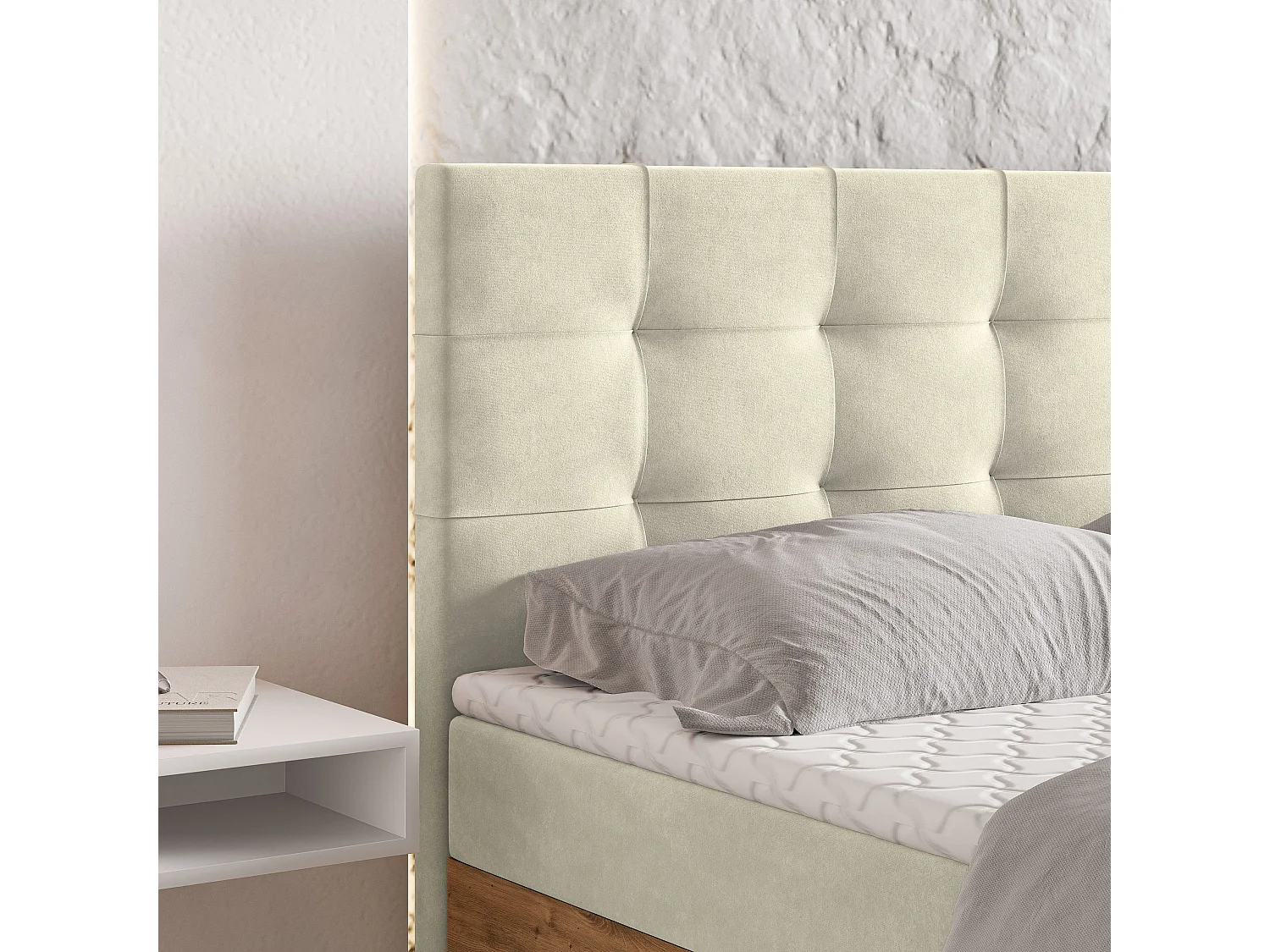 Lit continental MOLVEN, 160x200 cm, Tissu tressé, Couleur crème