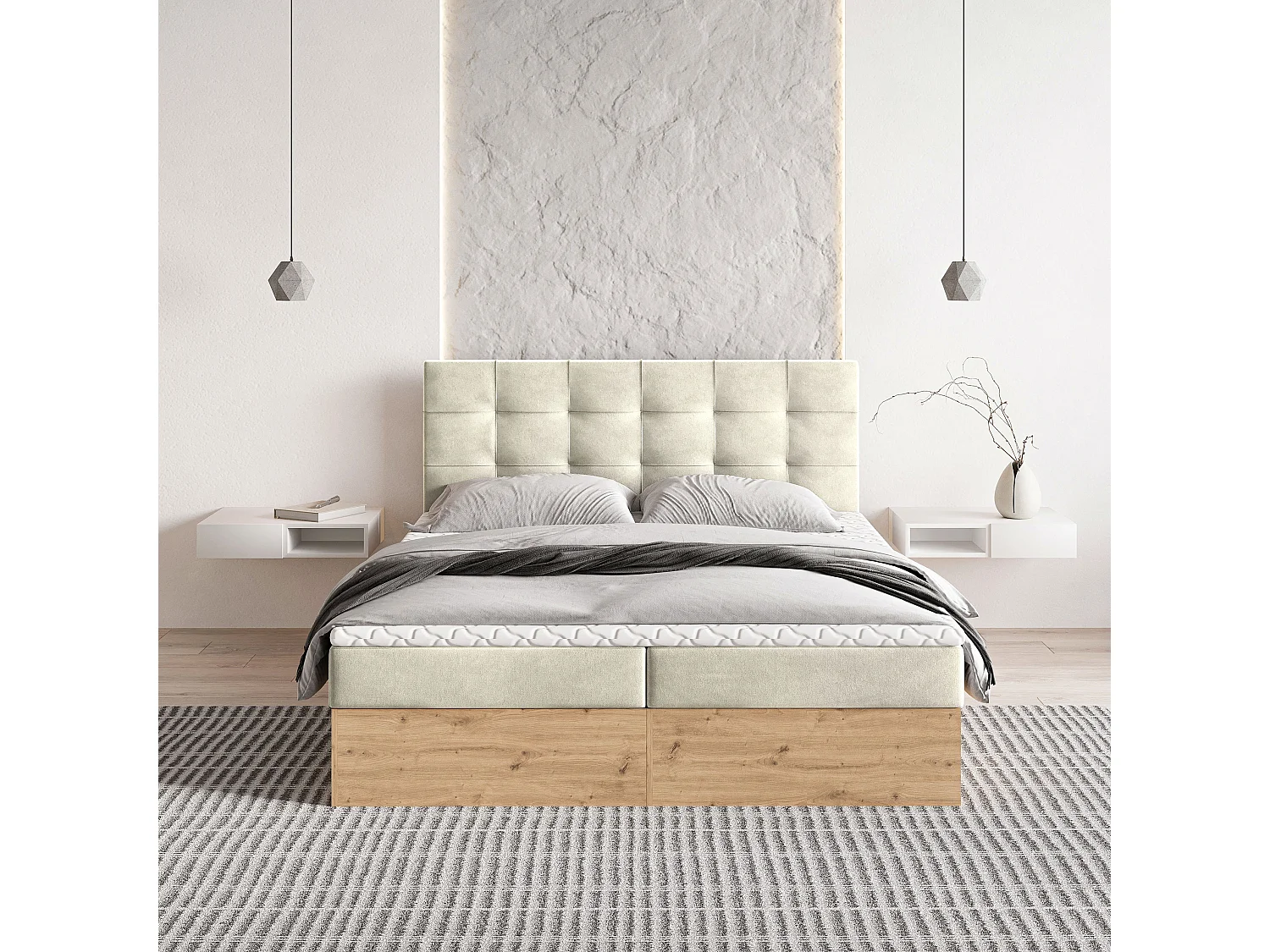 Lit continental MOLVEN, 160x200 cm, Tissu tressé, Couleur crème