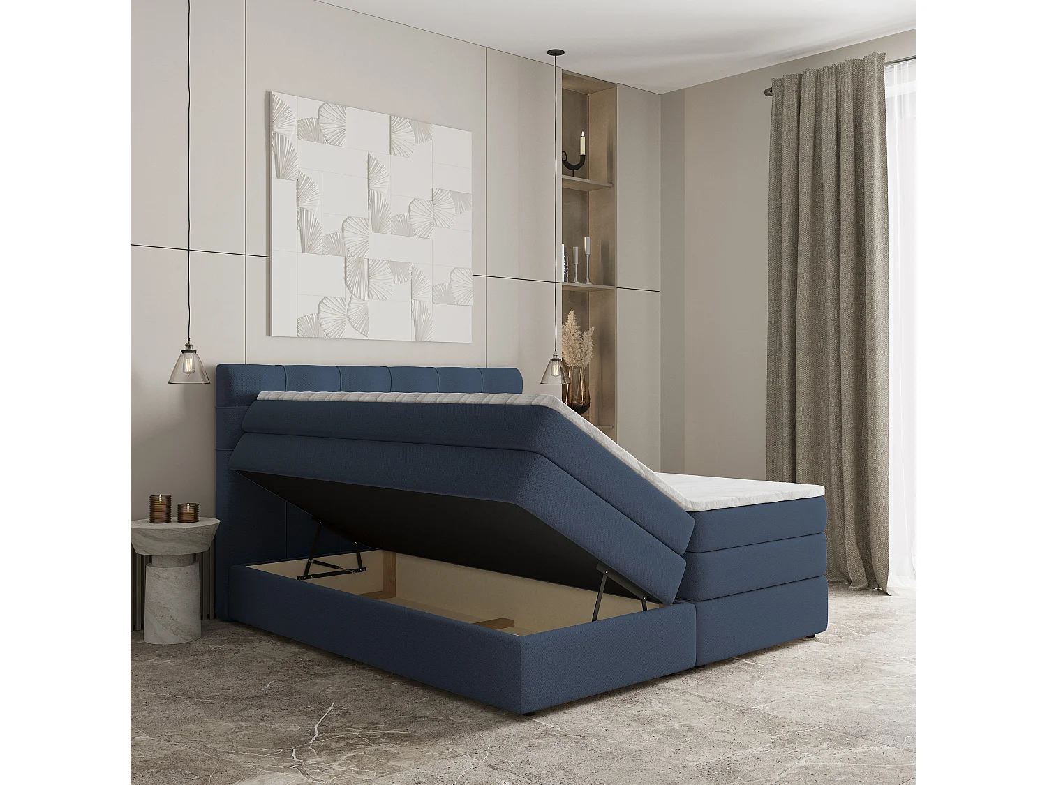 Lit continental AREZI, 180x200 cm, Tissu tressé, Bleu