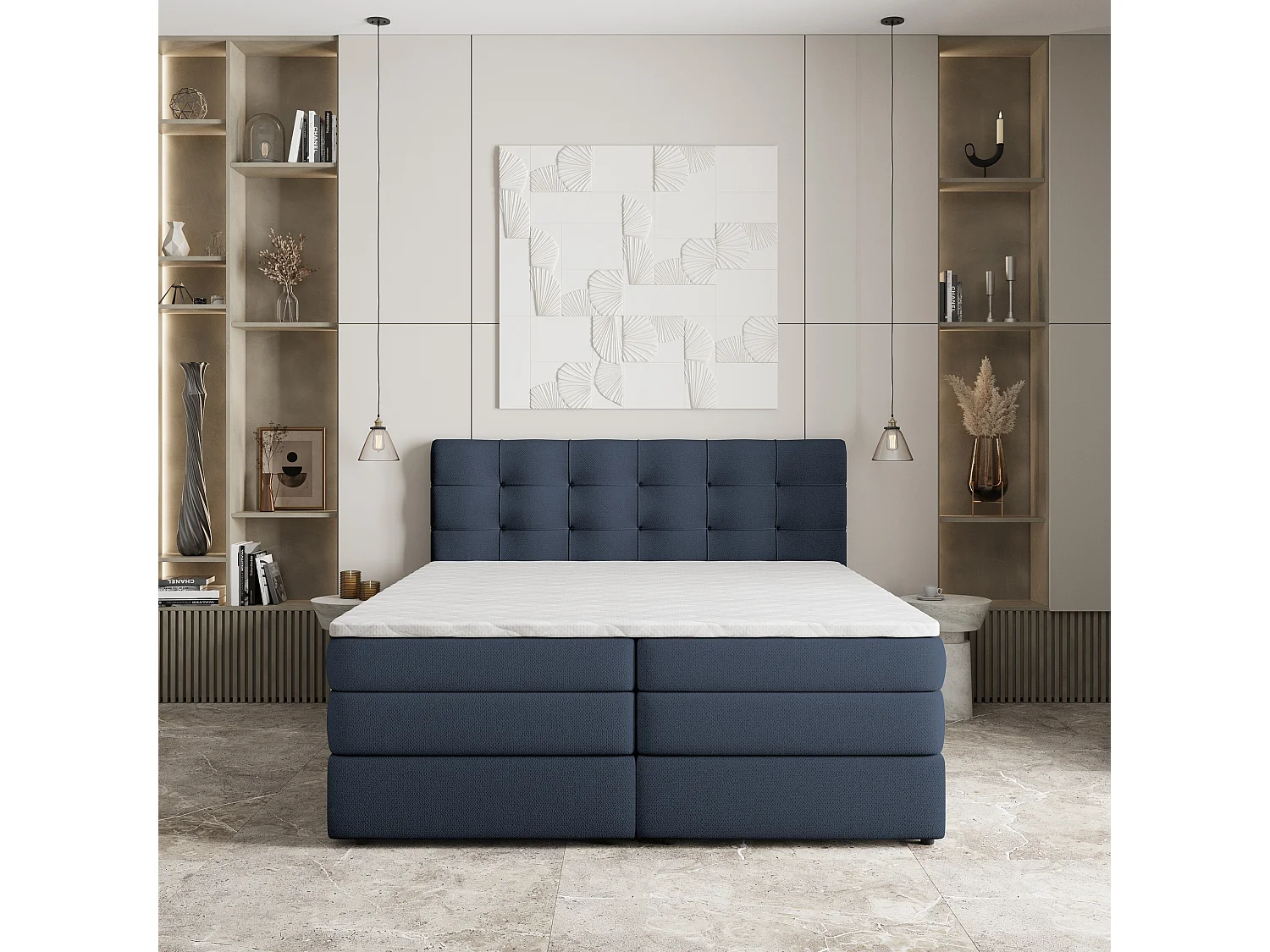Lit continental AREZI, 180x200 cm, Tissu tressé, Bleu