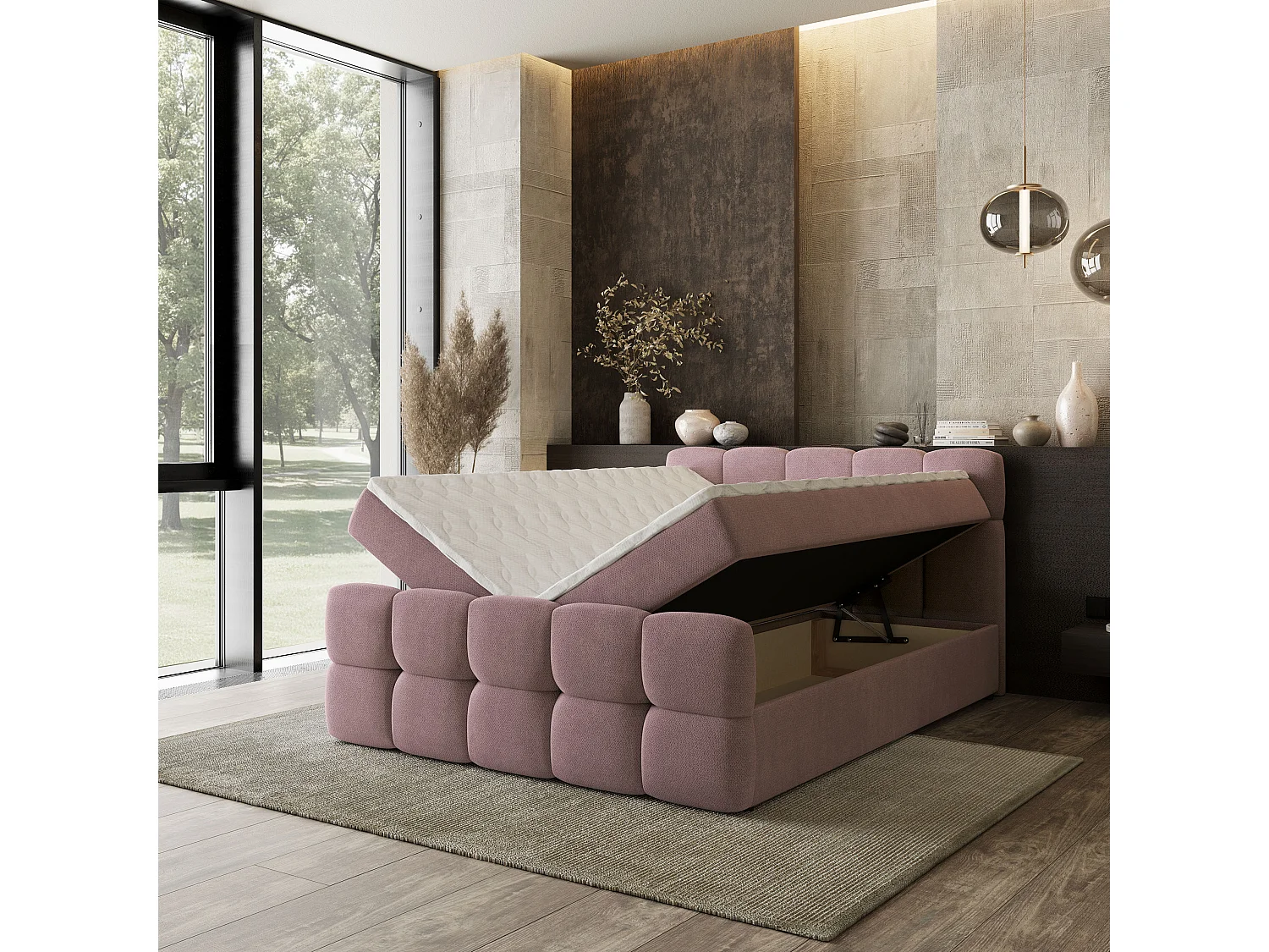 Boxspringbed BRUME 160x200 cm Set met hoofdbord, bedbodem en matras, Poederroze