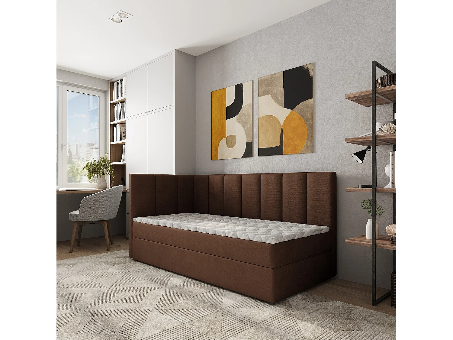 Boxspringbed BEVE 100x200 cm Set met hoofdbord, bedbodem en matras, Bruin