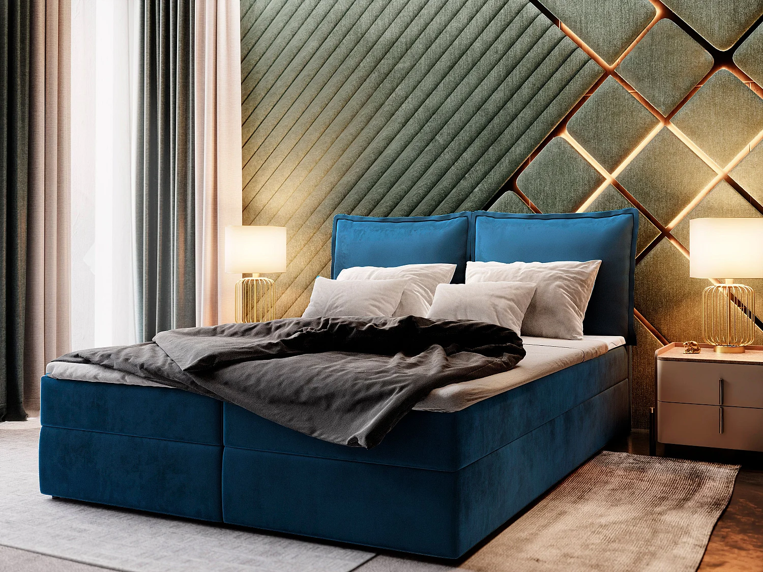 Lit continental LENTE, 160x200 cm, Tissu velours, Bleu