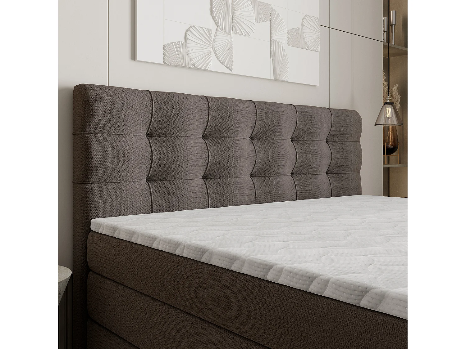 Lit continental AREZI, 160x200 cm, Tissu tressé, Marron