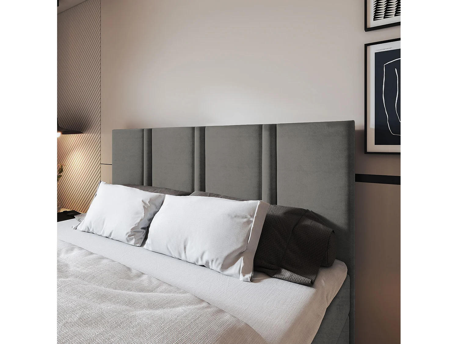 Lit continental LARIO, 160x200 cm, Tissu pelucheux, Gris