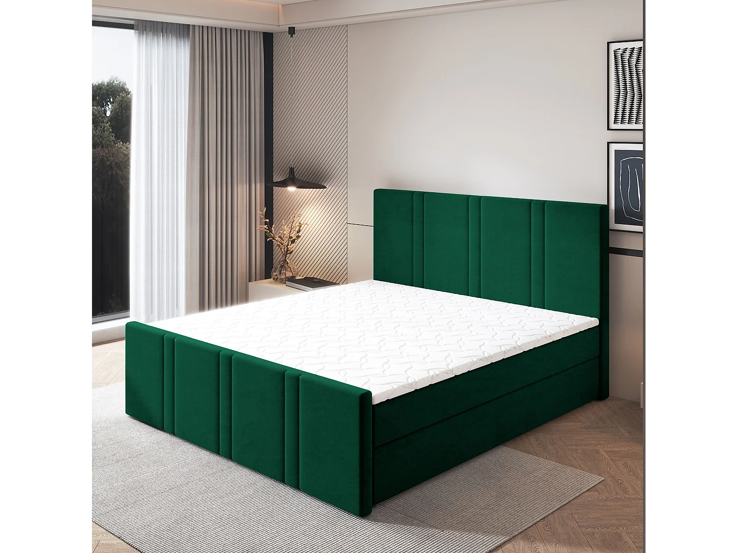Lit continental COMOZA, 180x200 cm, Tissu pelucheux, Vert