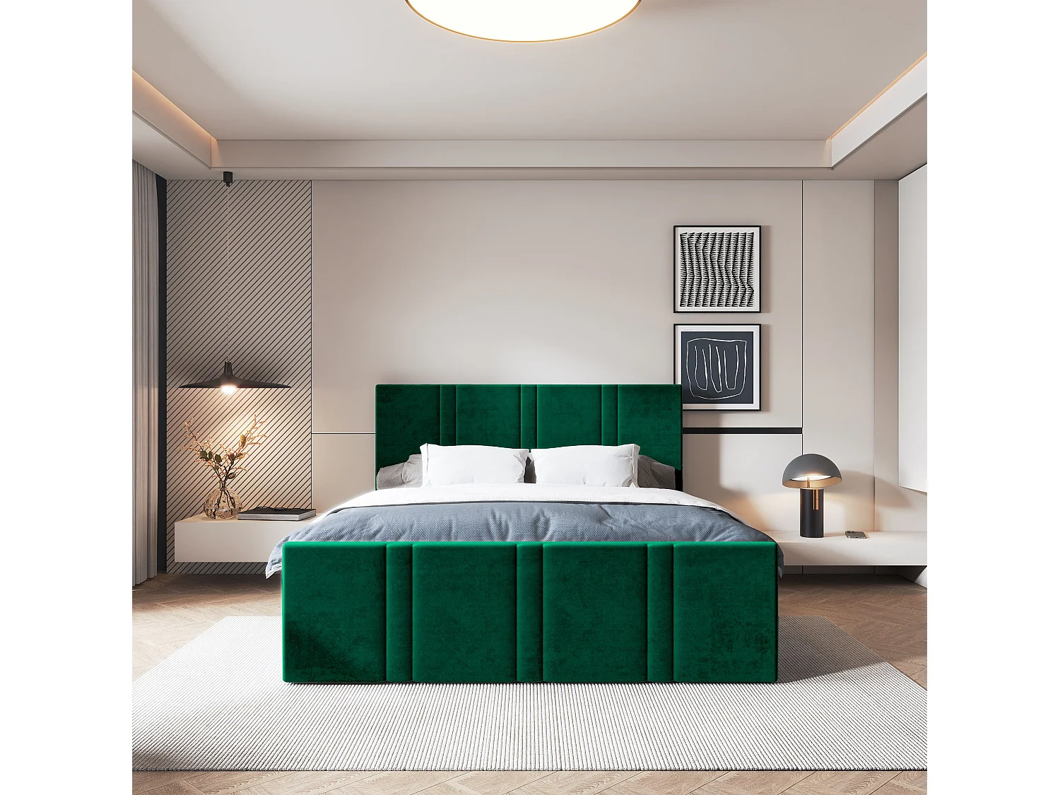 Lit continental COMOZA, 180x200 cm, Tissu pelucheux, Vert