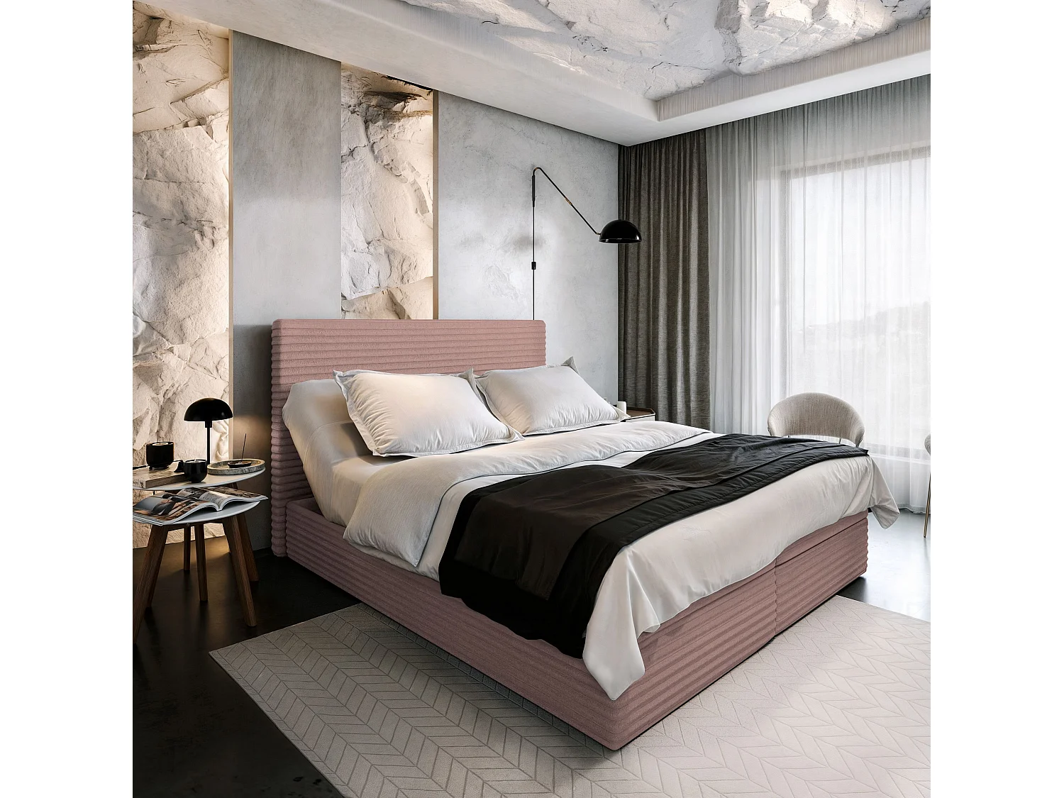 Boxspringbed MILARA 140x200 cm Set met hoofdbord, bedbodem en matras, Poederroze